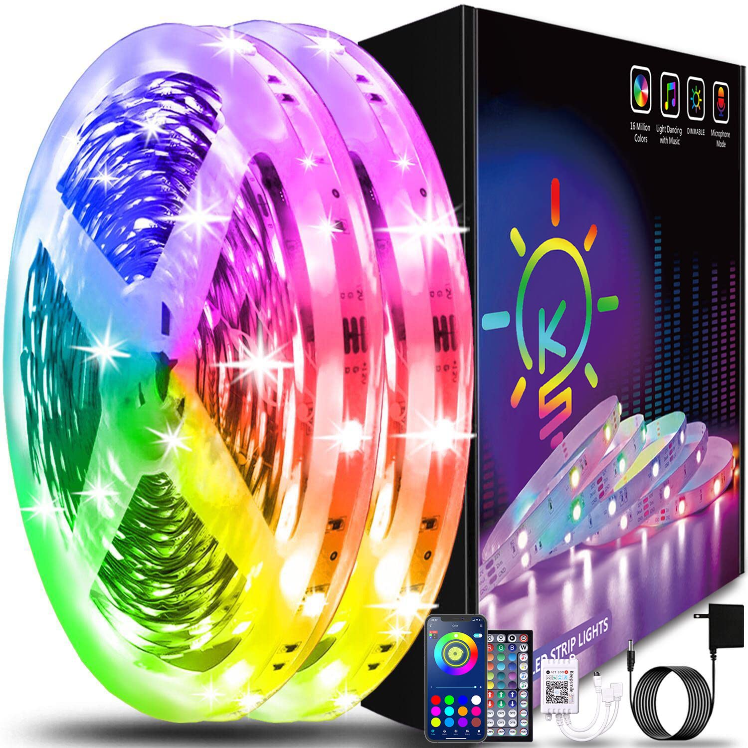 Keepsmile 130Ft Led Strip Lights (2 Rolls Of 65Ft) Bluetooth Smart App Control Rgb Led Light Strip With Remote,Music Sync Color