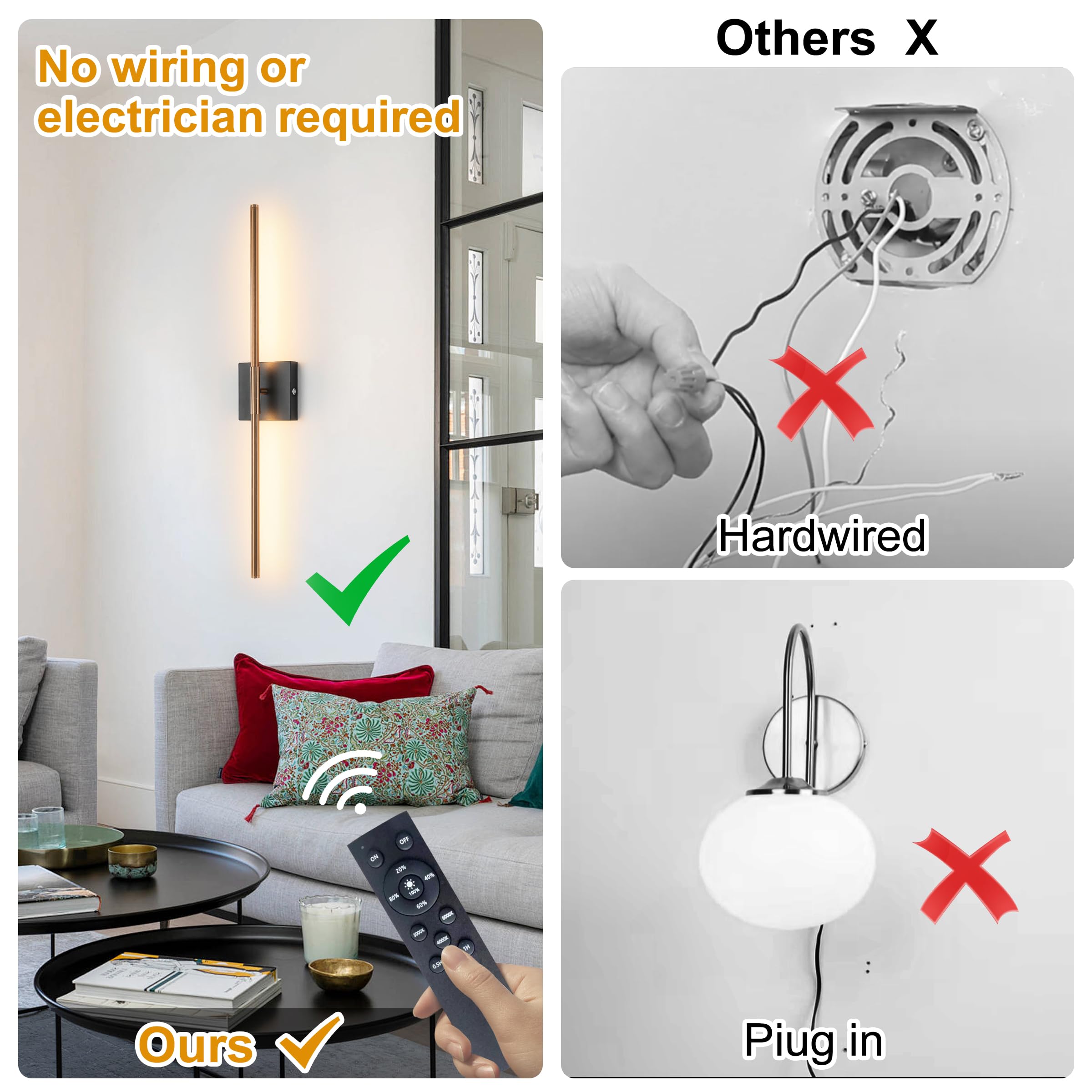 15800 mAh Battery Operated Wall Sconces with Remote Control, Dimmable Wall Sconces Set of Two 3000K LED Matte Black and Brass Go