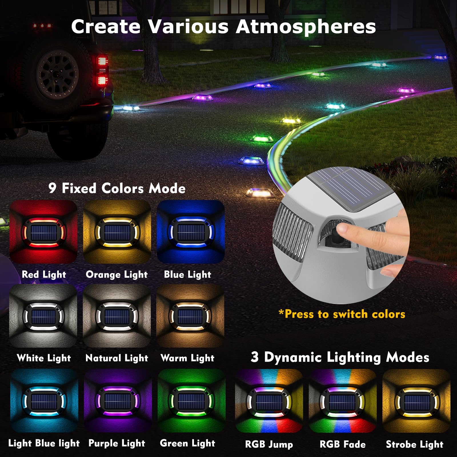 Viodaim 12Modes Multicolor Solar Driveway Lights - Ip68 Marine Dock Lights Solar Powered Waterproof - Led Driveway Markers - Aluminum Alloy Boat Dock Lights - Rgb Deck Step Pathway Light [4Pack]