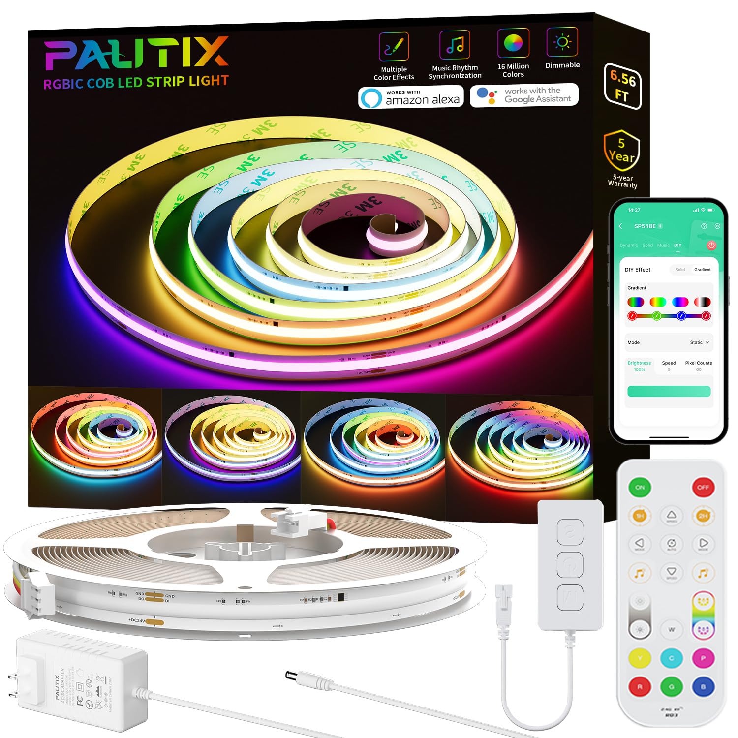 PAUTIX RGB Smart IC COB LED Strip Lights,6.56ft/2m Addressable UL-Listed 24V Chasing Color Flexible Tape Light Multicolor,Work w