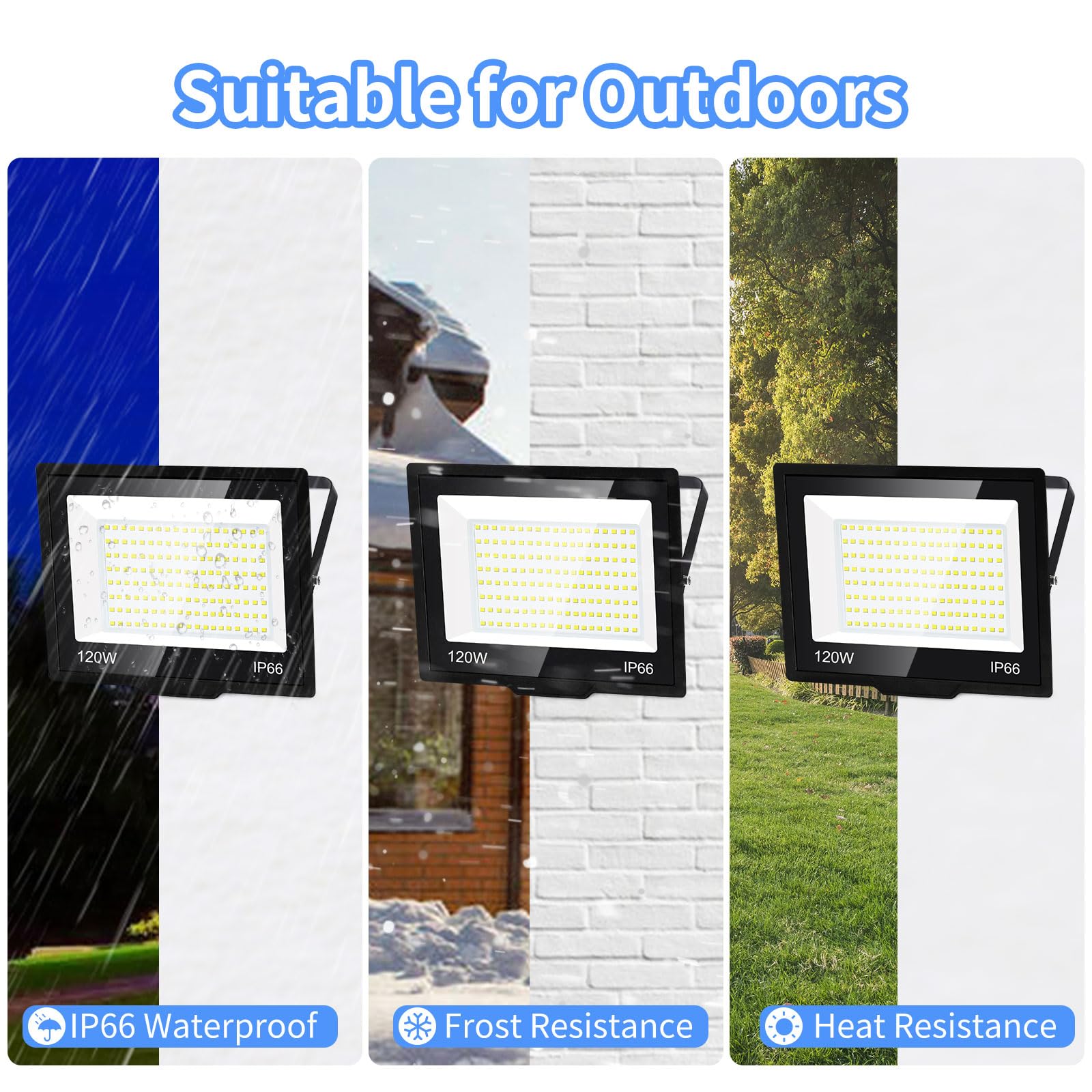 ISUERFY 120W LED Flood Light Outdoor, IP66 Waterproof, 14400Lm, 5000K Daylight White, 2 Pack, Black, Model SUER-FL120W