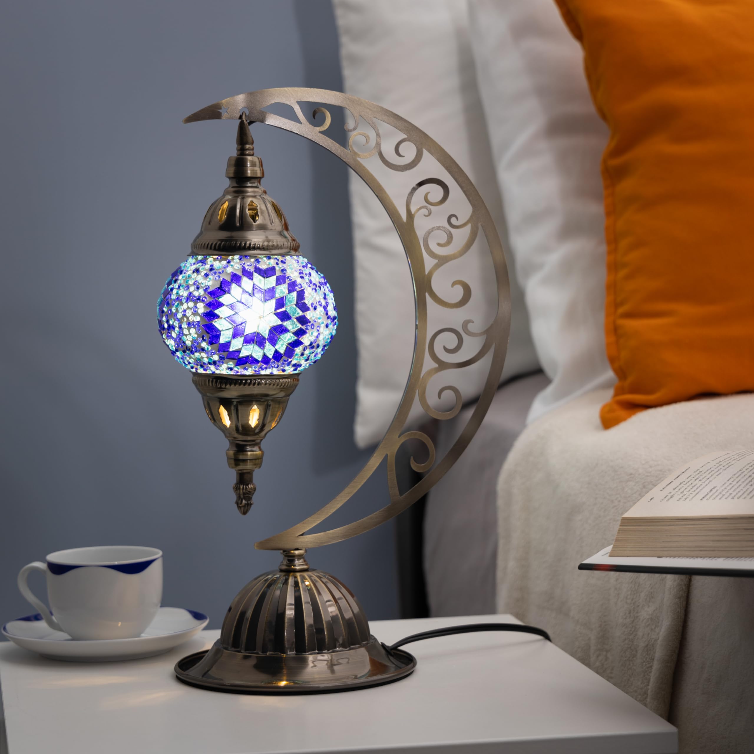 KRAFTSTORIES Turkish Mosaic Moon Lamp Kit - DIY Colorful Glass Table Light, Medium Size, Blue, Model MoonTML