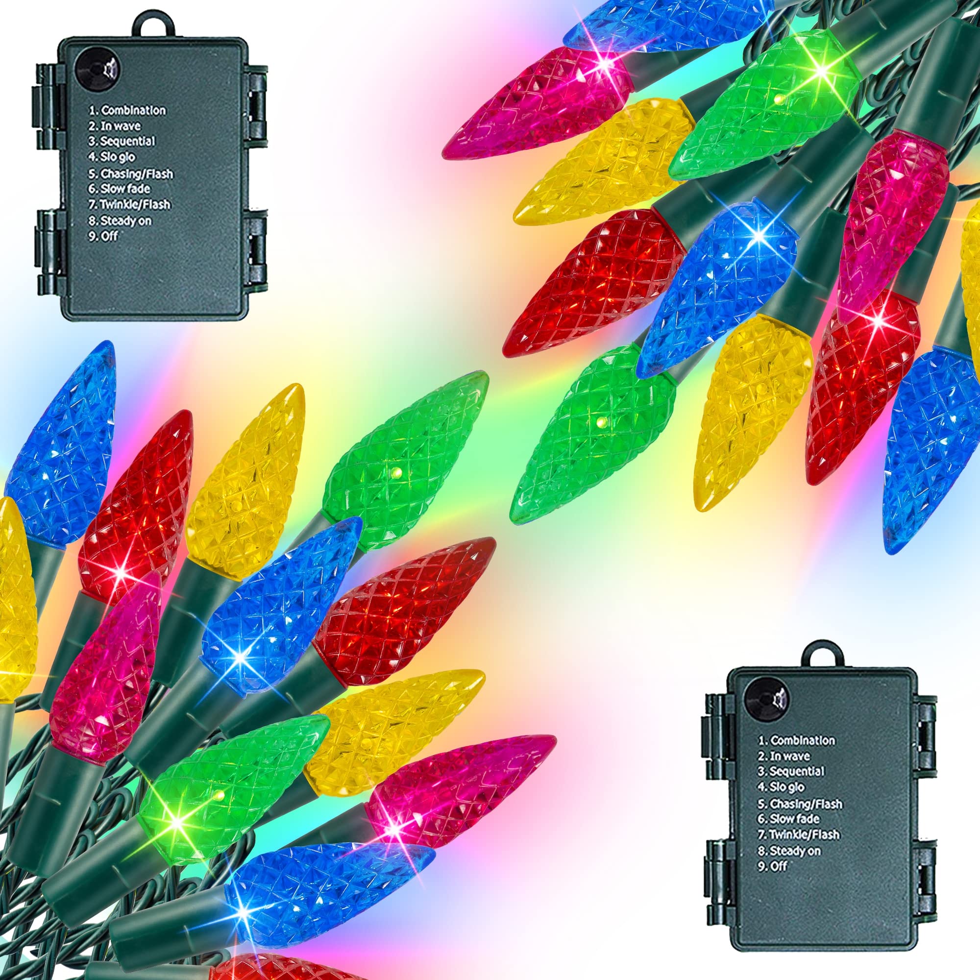 Dazzle Bright C6 Christmas Lights, 100 LED, 34FT, 8 Modes, Waterproof, 2 Pack, Multicolor, Model HB-300COI