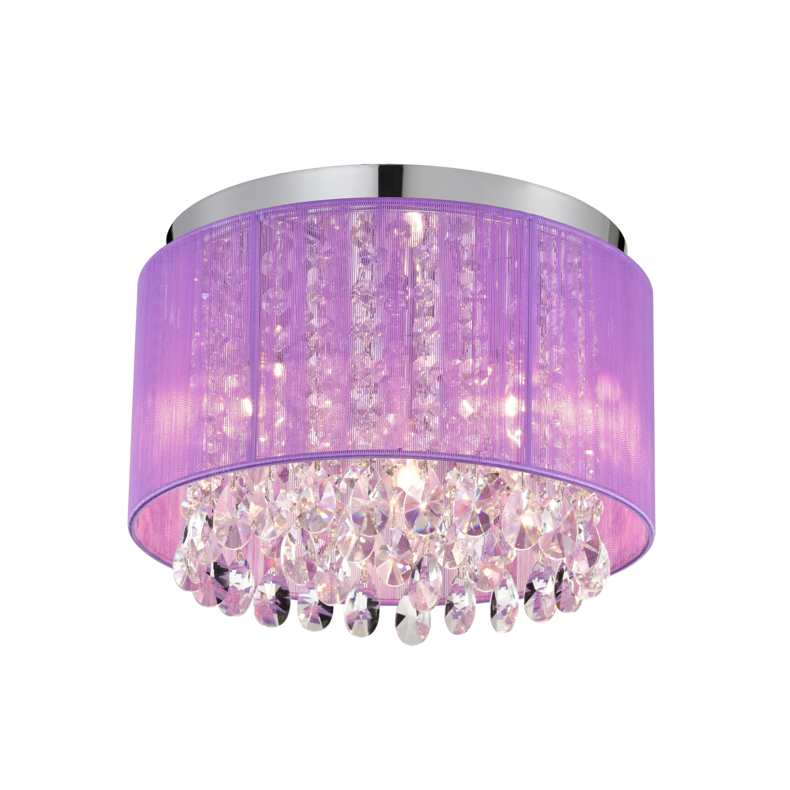 LaLuLa Crystal Chandelier, 4-Light Flush Mount, Metal, Purple, 18in Drum Shade