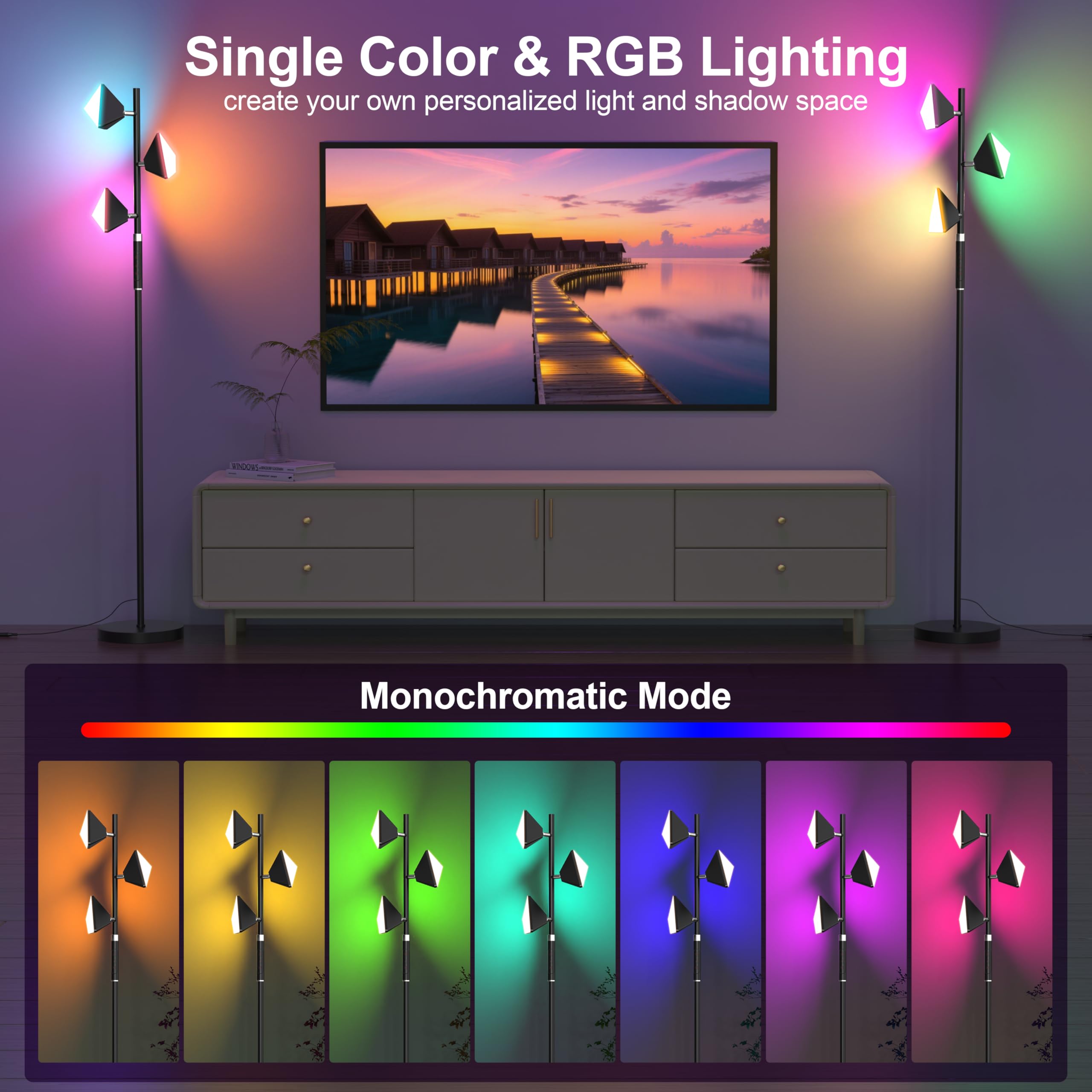 PARTPHONER RGB Tree Floor Lamp, Black, Stepless Dimmable, Remote & Touch Control, 3 Rotatable Lights, Model FLA-036-A2