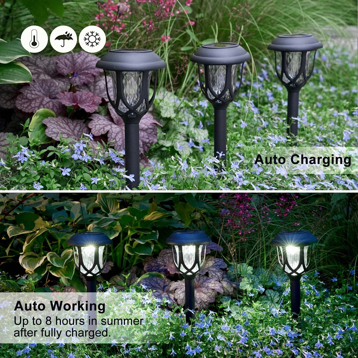 EXCMARK Solar Pathway Lights - 10 Pack, Solar Powered, Black, Cool White, Outdoor Decorative Garden Yard Lights for Walkway and Driveway