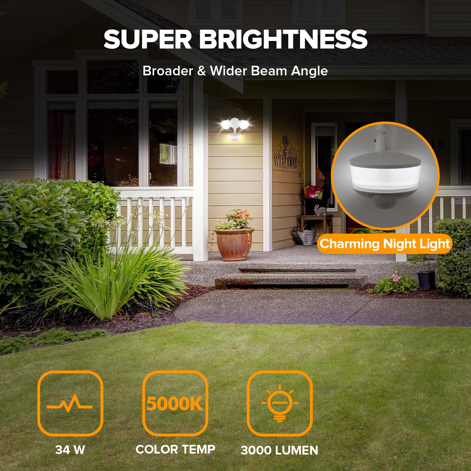 LUTEC Motion Sensor Outdoor Lights, 34W, 3000 Lumen, IP65 Waterproof, Dusk to Dawn, White