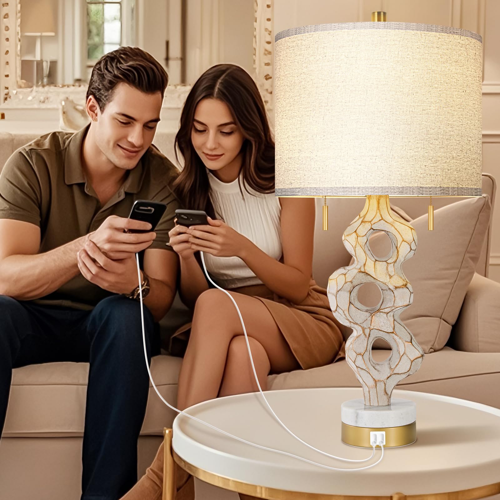 Scenekoy Sculptural Table Lamp Set of 2, 26” Rustic Linen Shade, Antique Gray & Gold, USB Ports, E26 Bulbs Included, Model SL030
