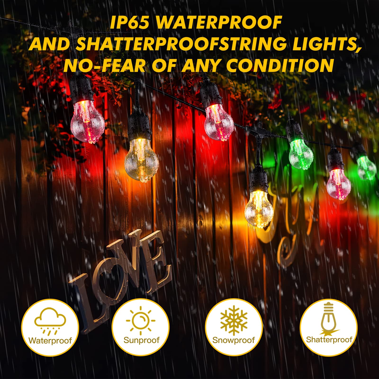Auroraworld Outdoor String Lights Rgb, 48Ft Dimmable Patio String Lights With Shatterproof Edison Bulbs, Remote, Commercial Solar String Lights For Cafe, Patio, Yard, Party