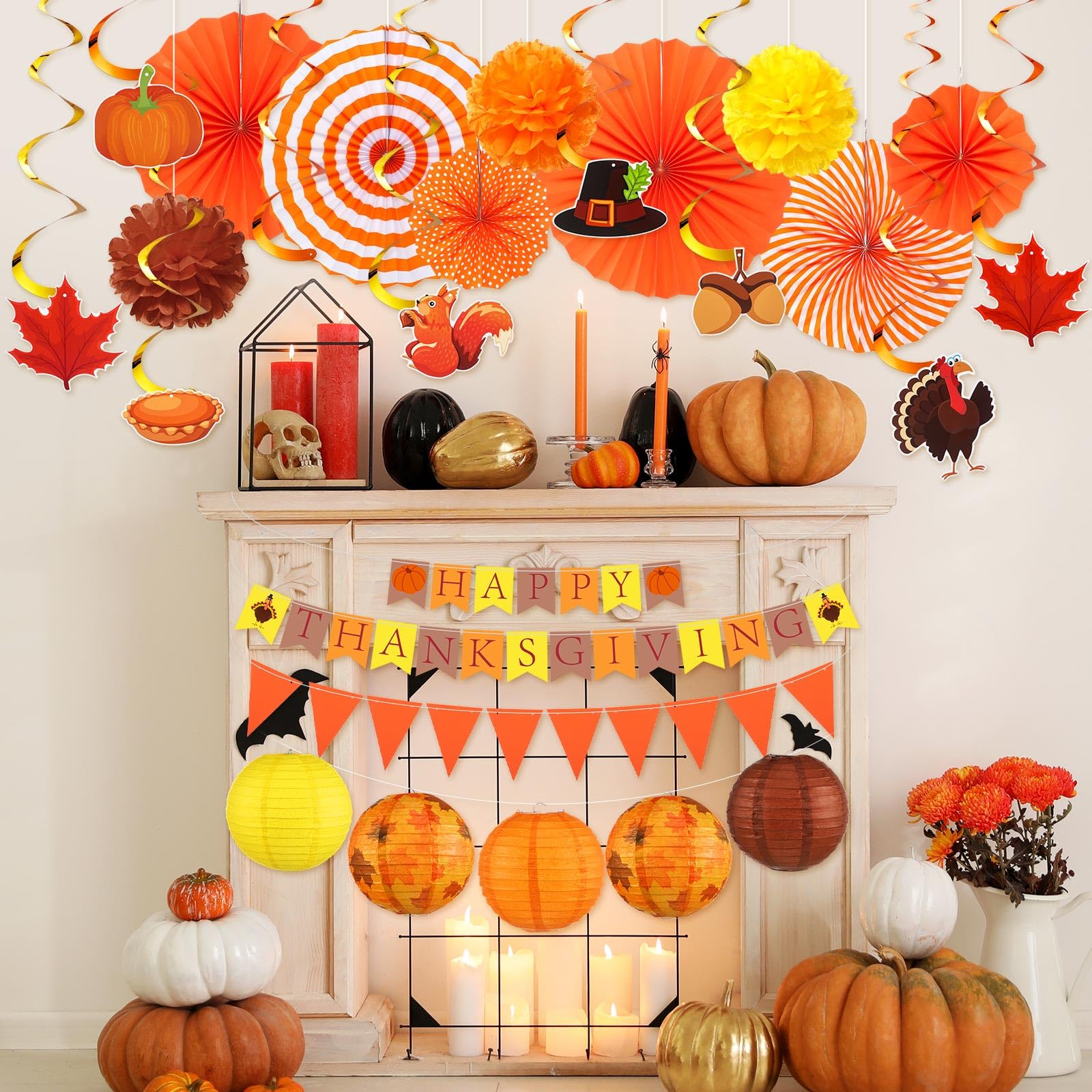 Motiskyy 28 Pcs Thanksgiving Party Decoration Include Happy Thanksgiving Banner Autumn Paper Lanterns Pom Pom Hanging Fans Bunting Garland Swirl Streamers For Fall Harvest Birthday