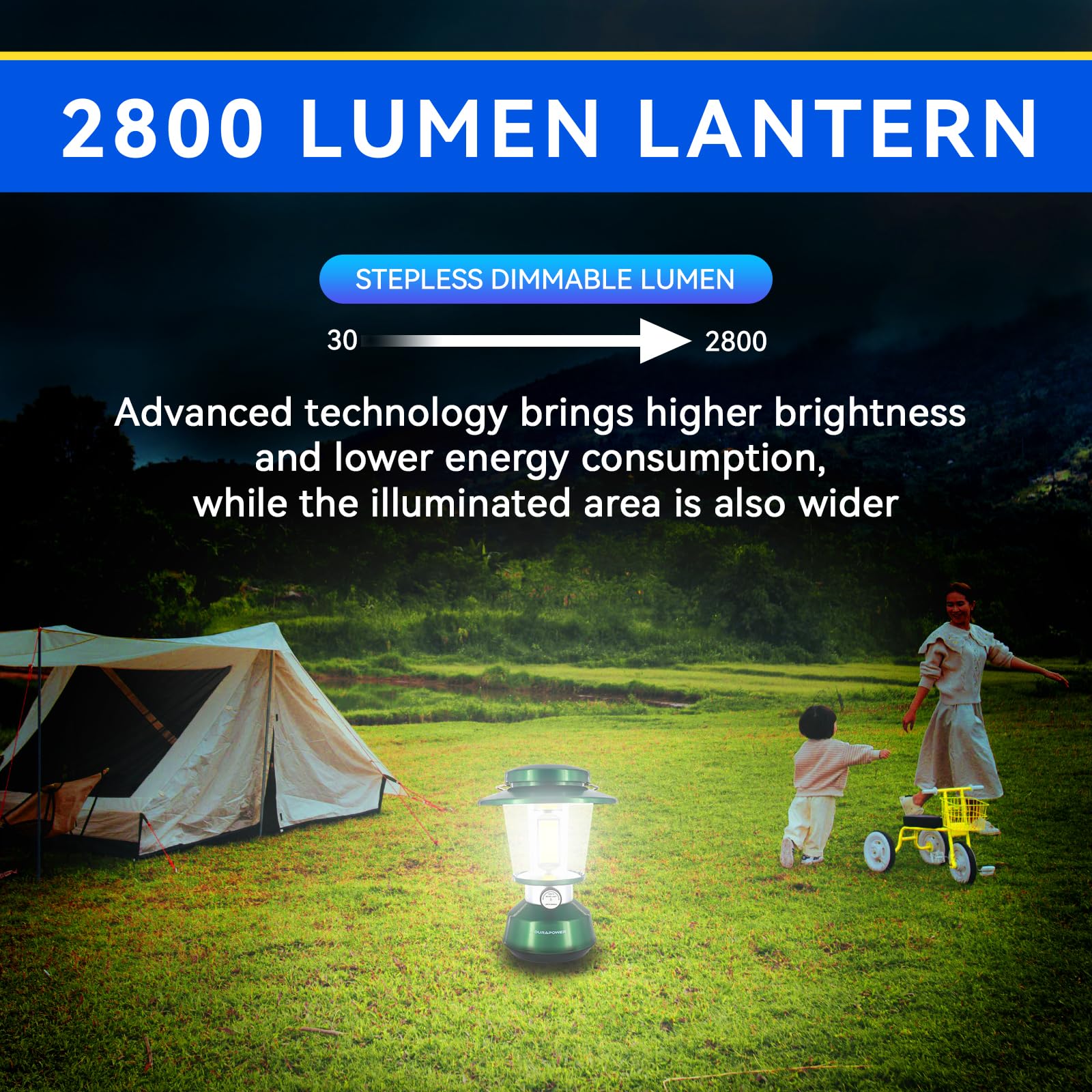 Durapower Rechargeable Camping Lantern - 2800 Lumen LED, 5400 mAh Power Bank, IP44 Waterproof, Green, Model AM20-1364
