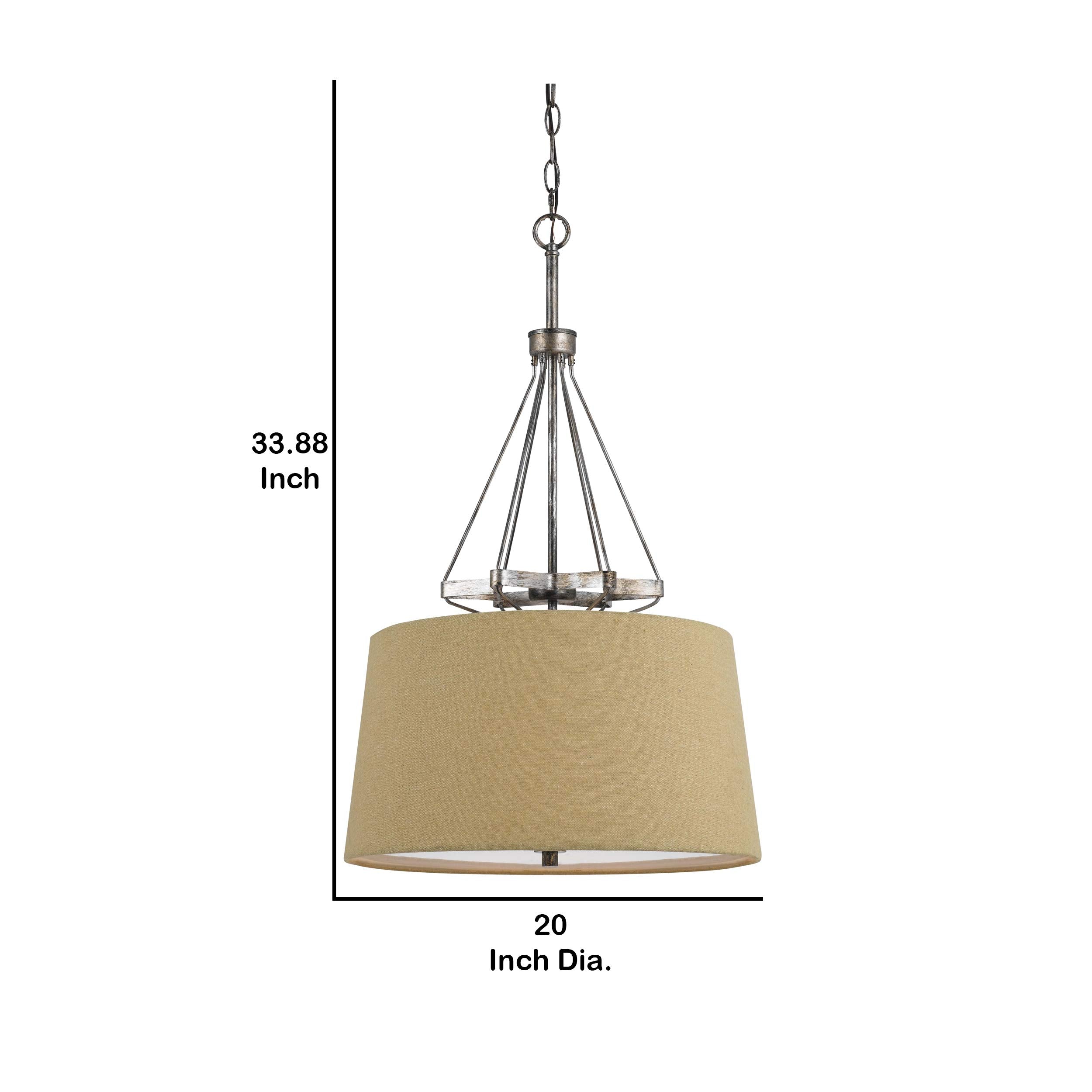 Benjara 3 Bulb Pendent With Round Burlap Shade And Metal Frame, Beige