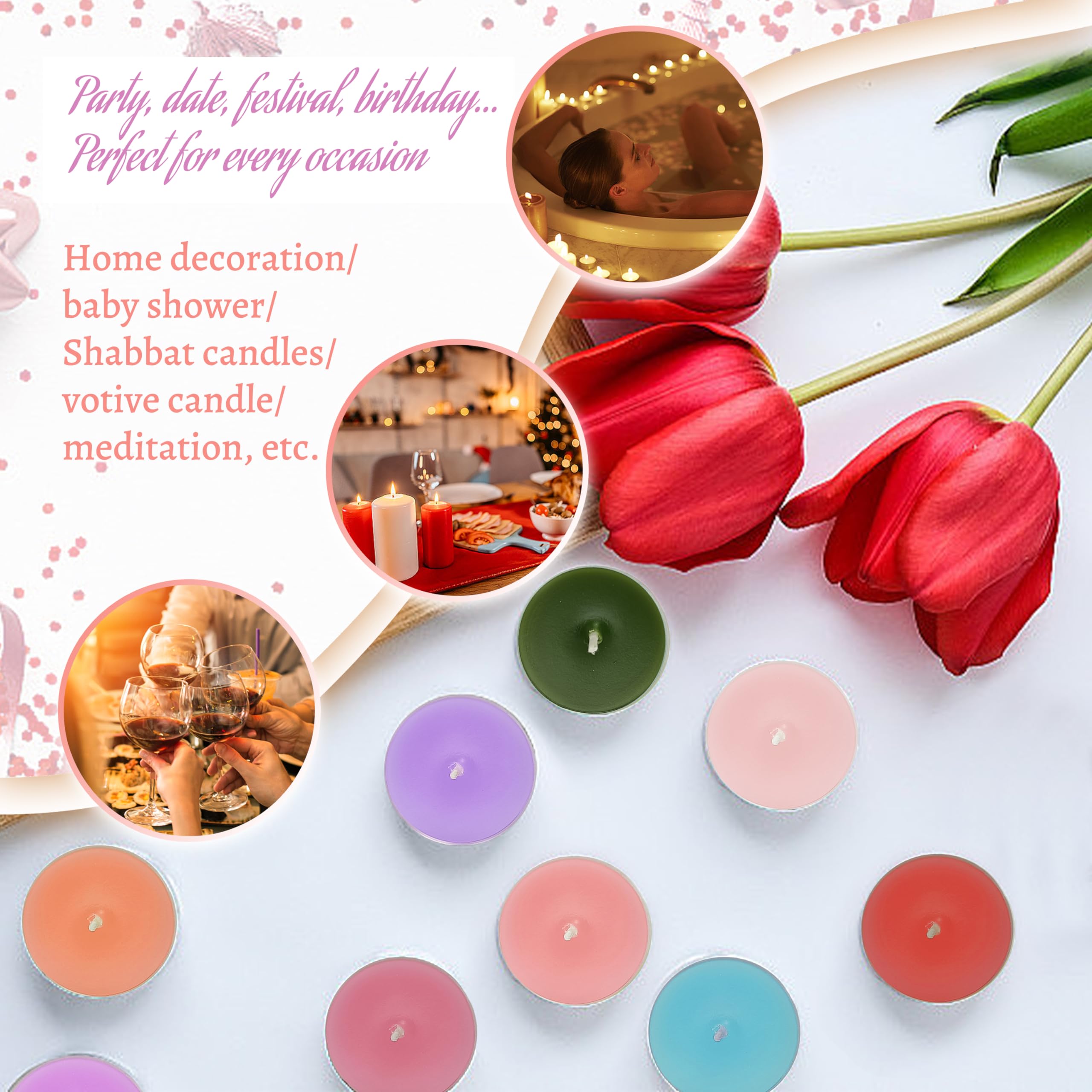 Floral Scented Tealight Candles, Lavender Rose Gardenia Scent Tea Lights Candles Clear Cup, 24 Pack Colored Tealights Candle, 6