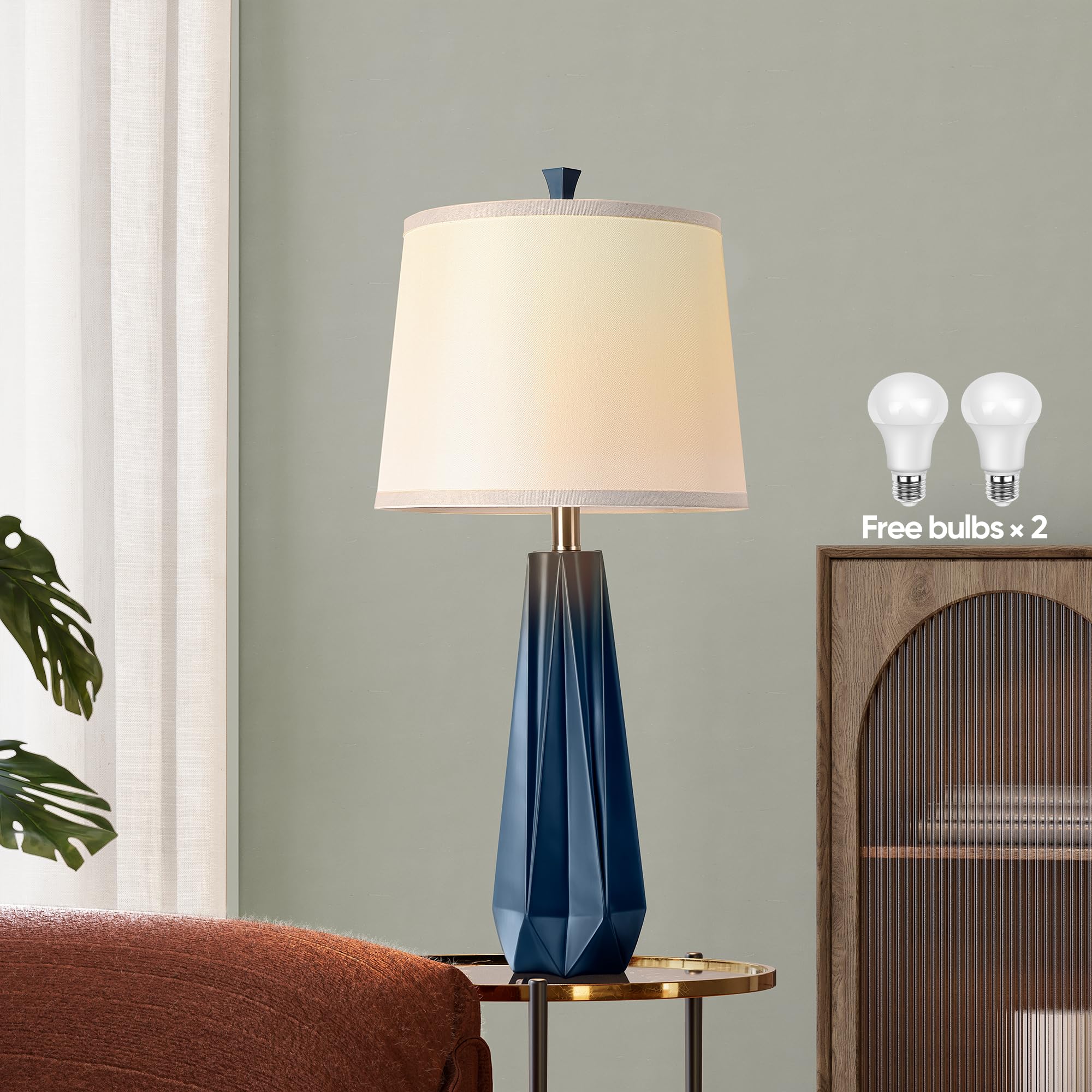 WIHTU 3-Color Temperature Table Lamps Set of 2, 27 Navy Blue Modern Resin Desk Lamps with Linen Shade for Living Room & Bedroom Decor