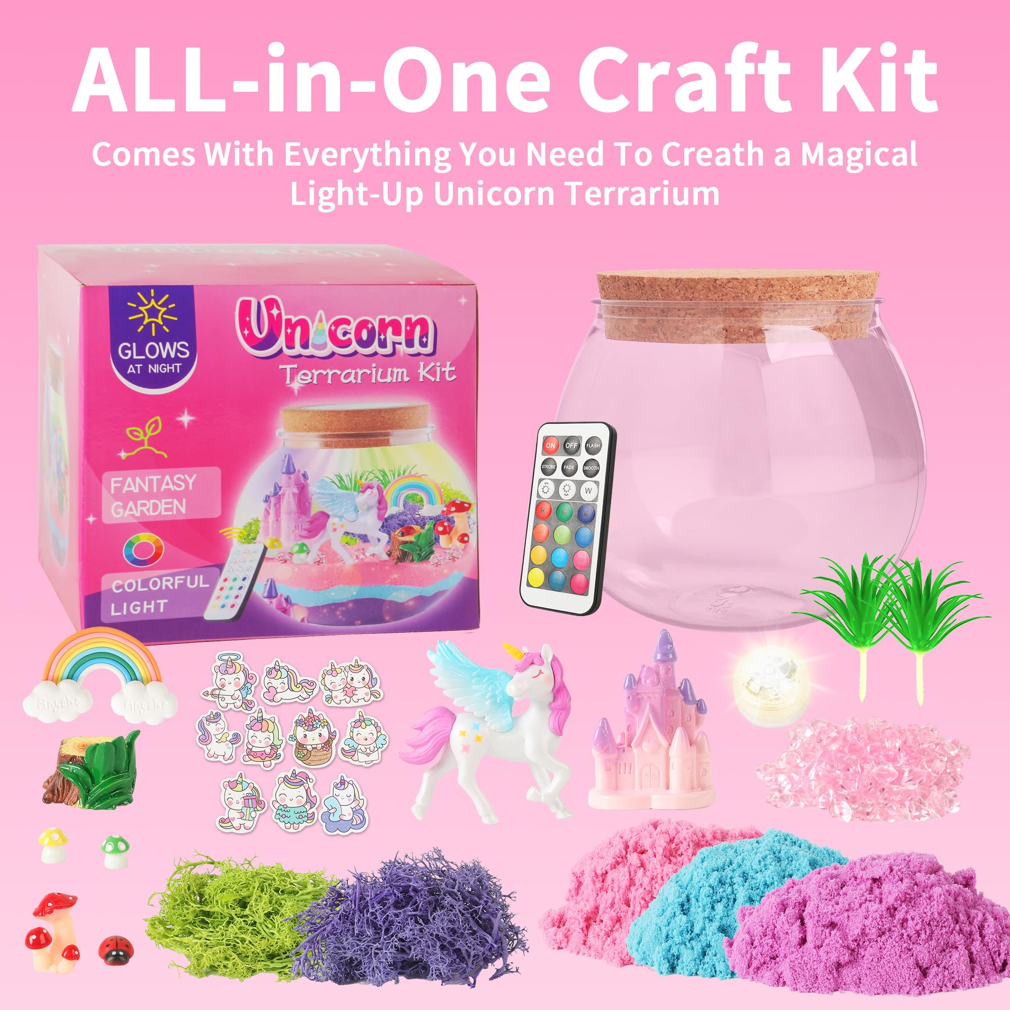 KACHUAN BEAR Unicorn Light-Up Terrarium Kit - DIY Craft with Stickers, 5.12" Pink, Ages 4-12, Model XS-002, LED Birthday Gift