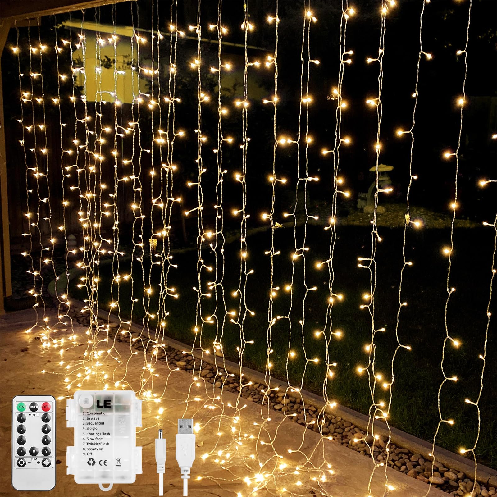 LE Fairy Curtain Lights Battery Operated & USB Plug in, Remote 10 x 10 ft Hanging String Lights for Bedroom Wall, 300 LED Indoor Outdoor Twinkle Lights for Wedding Party Backdrop Tent, Patio, Gazebo