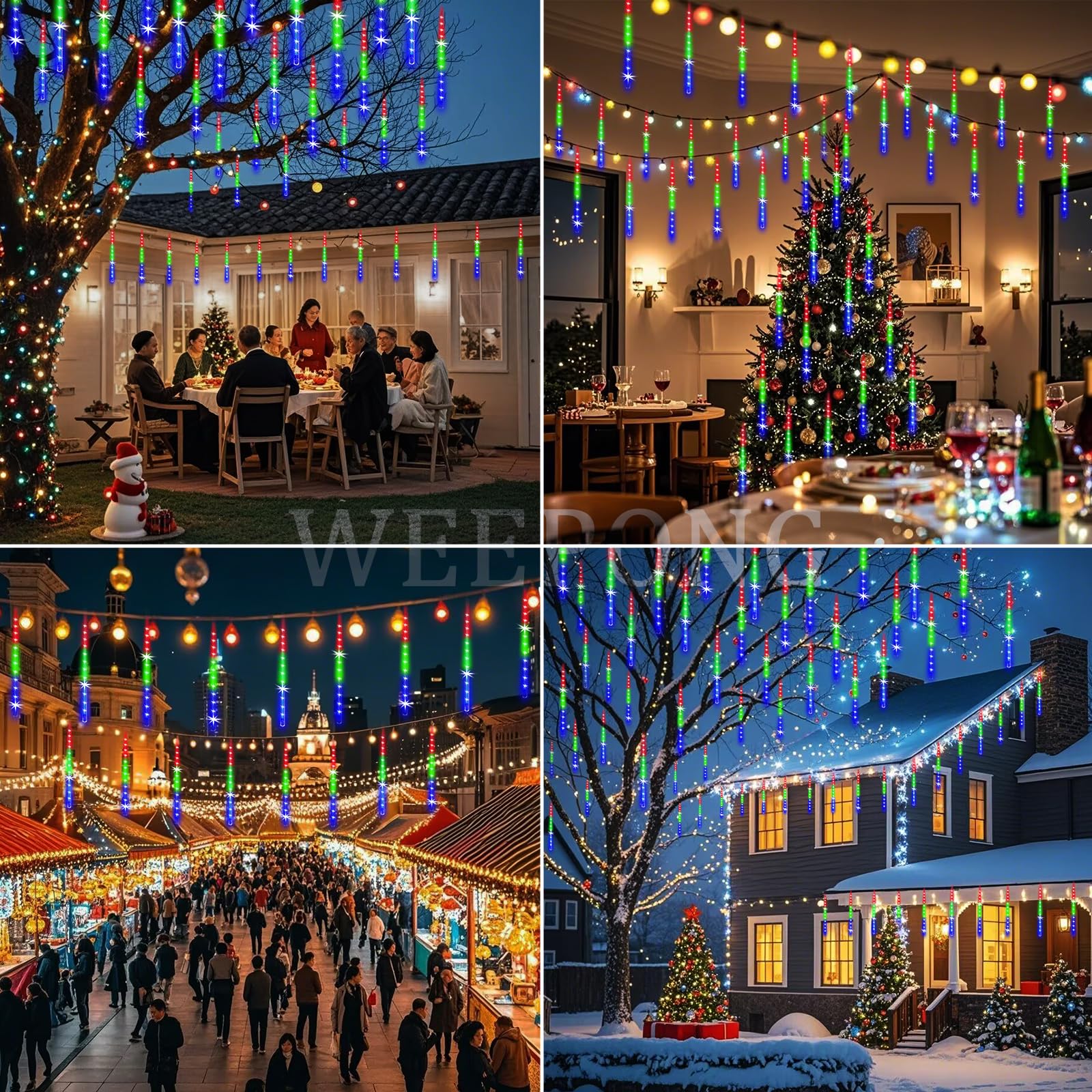 Weepong Meteor Shower Lights - 192 Led Falling Rain Icicle Lights, 30Cm, Multicolor, Ul Certified For Xmas, Halloween, Party, Holiday Decor