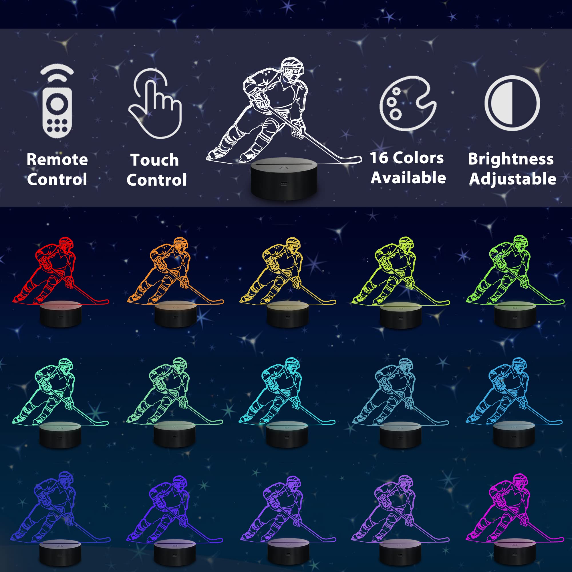Lampeez Ice Hockey Player 3D Night Lights For Kids Led 16 Colors Remote Control Changing Touch Dimmable Table Desk Lamp Birthday