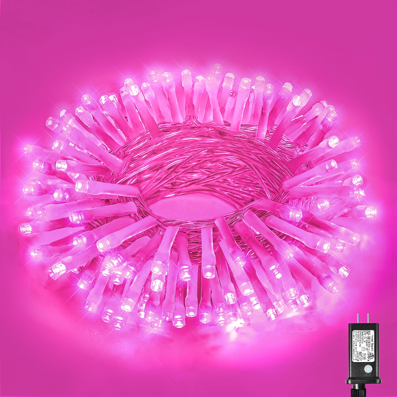 100 LED Pink String Lights, 33ft Pink Christmas Lights Outdoor 8 Modes Clear Wire, Plug in Waterproof Twinkle Fairy Lights for B