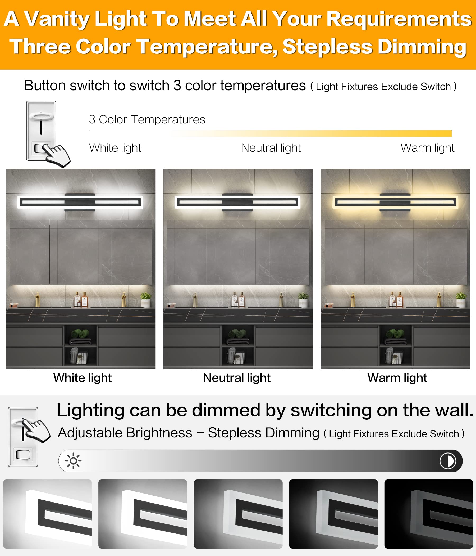 SOLFART Dimmable Black Vanity Light Fixture, 32inch, Acrylic, 3 Color Temperature, Model S8300-810mm-6000K-3C
