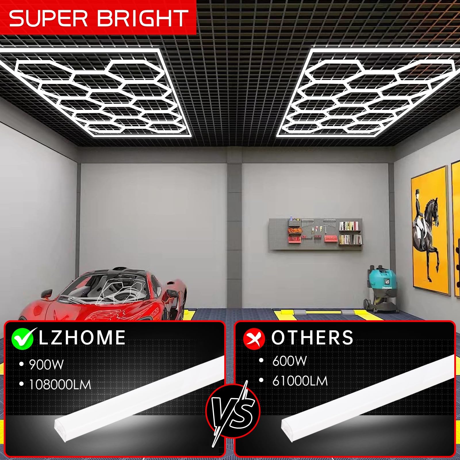 LZHOME LED Hexagon Garage Light - 900W 108000LM Polycarbonate - 45CM - 14 HEX with Rectangle Frame