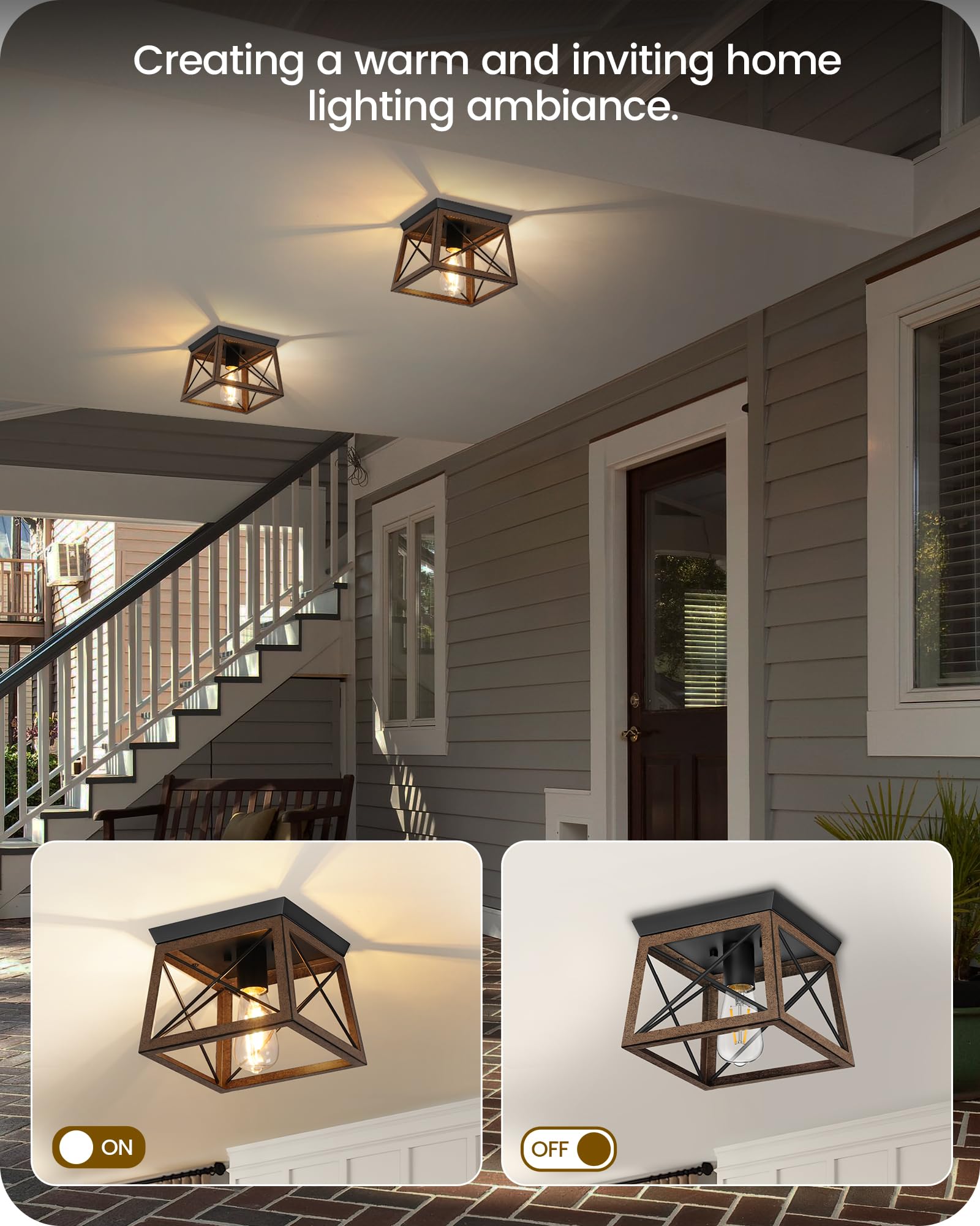 Goebleson Farmhouse Ceiling Light With Night Light, Flush Mount Ceiling Light Fixtures, Rustic Wood Flush Mount Hallway Lamp, 2-
