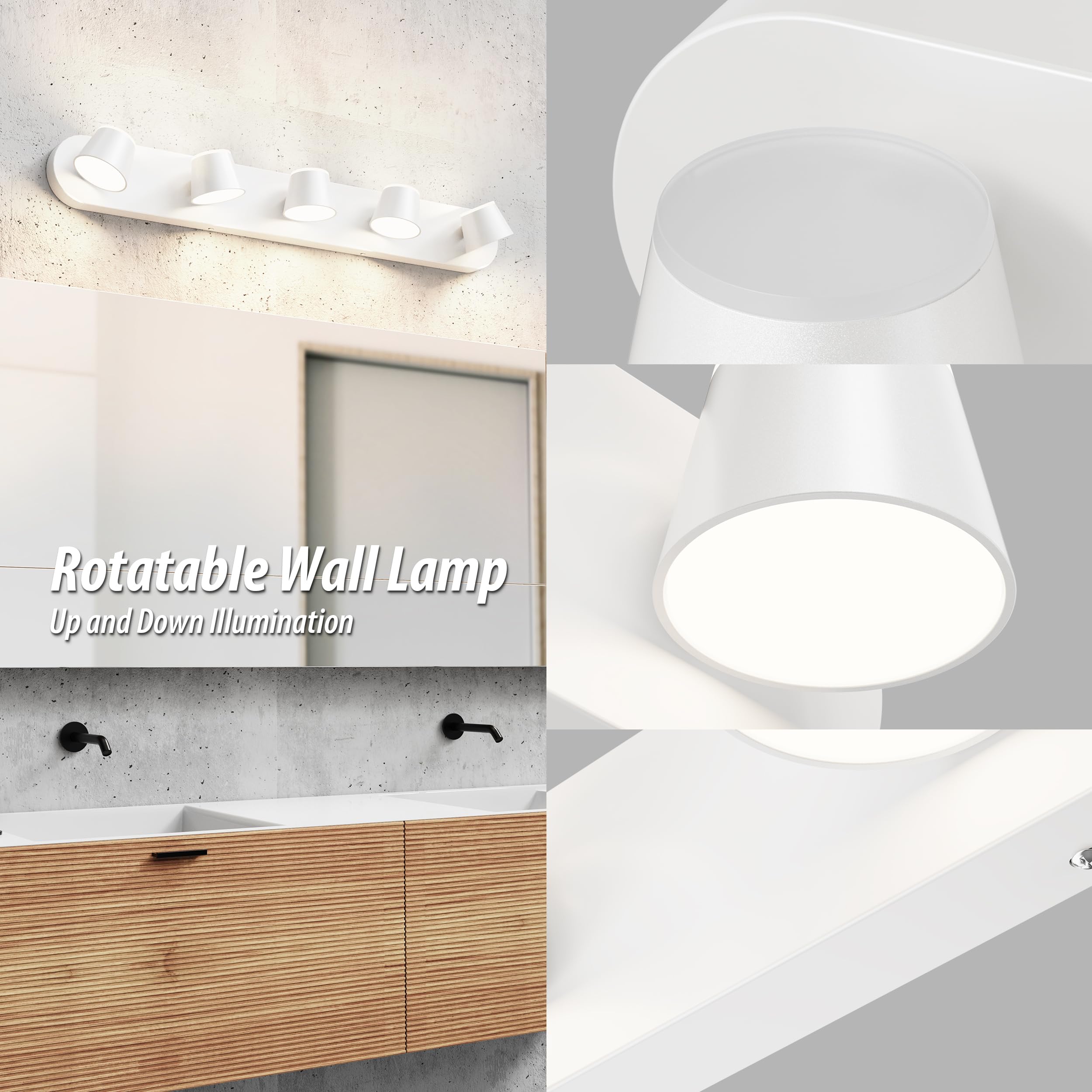 URSOLA 5-Light Bathroom Vanity Light, Dimmable & Rotatable, White Acrylic, 34 Inch, Model 7540WH-5T