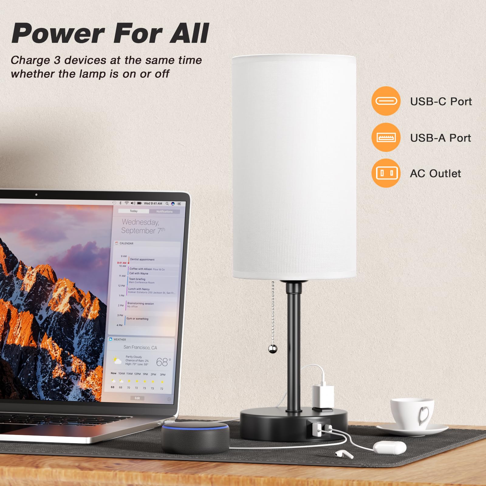 Dicoool 17Inch Tall Bedroom Lamps With Usb C And A Ports 3 Color Temperatures - Pull Chain White Nightstand Bedside Table Lamp With Ac Outlet, Side Lamp For Living Room End Table