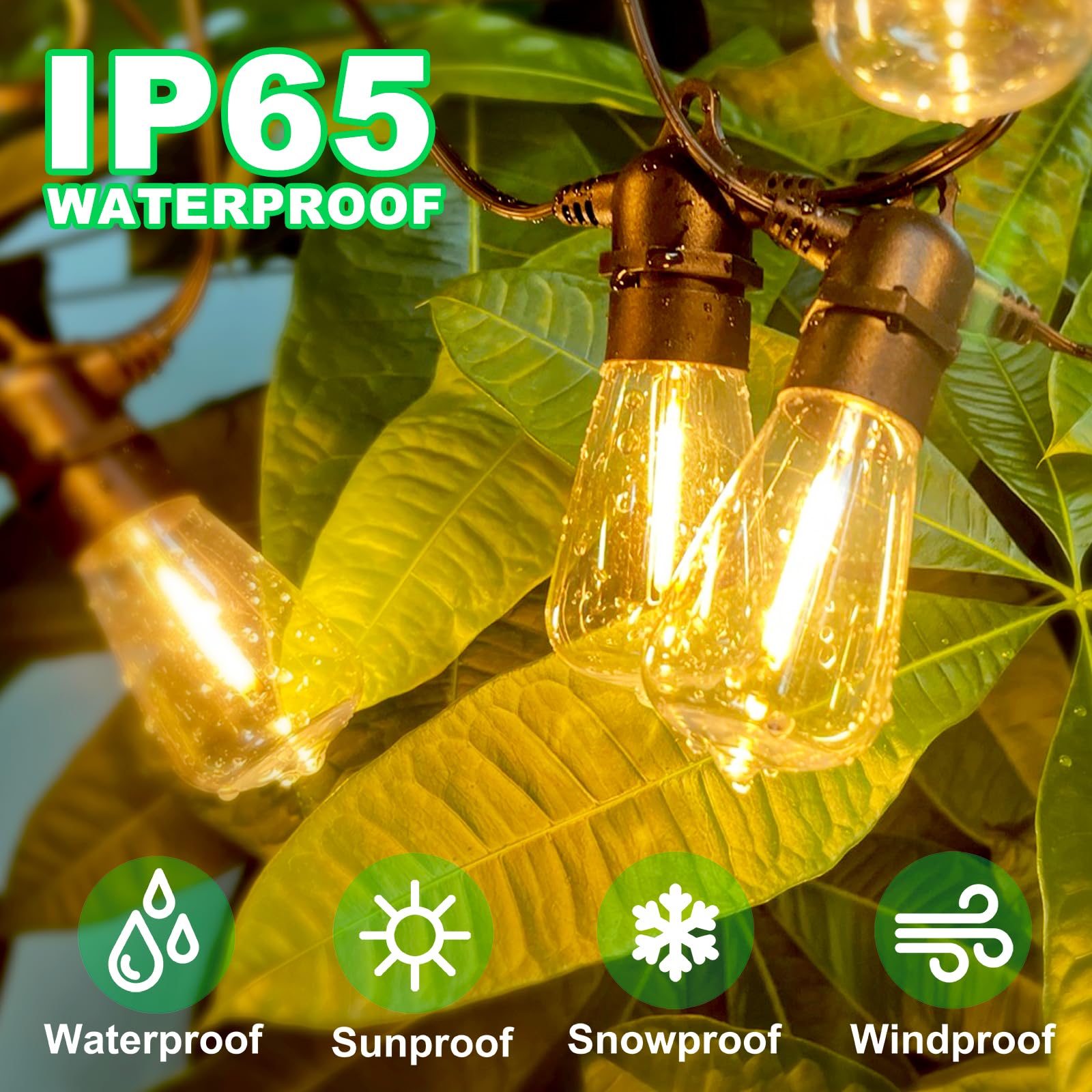 54(48+6) FT Solar String Lights Outdoor Waterproof with ST38 Shatterproof Bulbs, Solar Powered Remote Control, Dimmable & Timabl