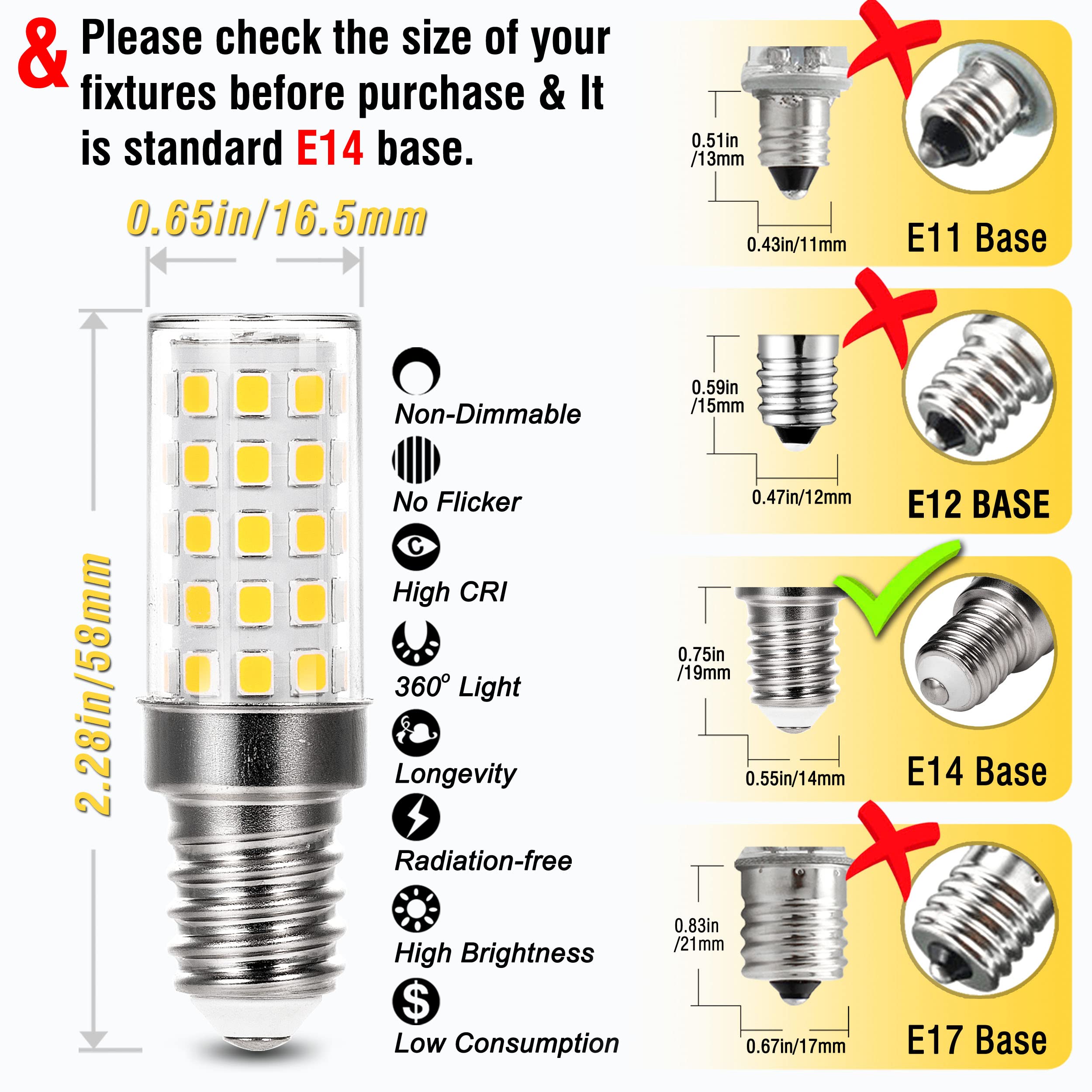 ALIDE E14 LED Candelabra Bulb, 40W Equivalent, 4000K Natural White, 0.65x2.28in, Non-Dimmable, 10-Pack