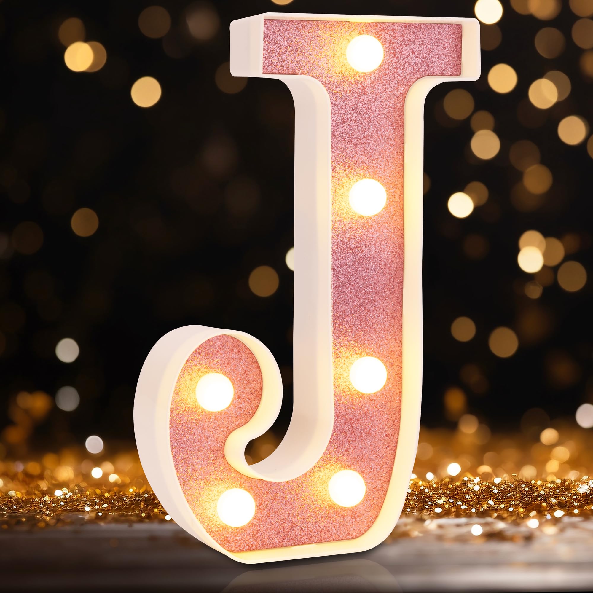 DyingSwan Small LED Marquee Letter J, 8.58 Inch Light Up Sign, Battery Powered, Pink Glitter Plastic Decor for Parties and Events