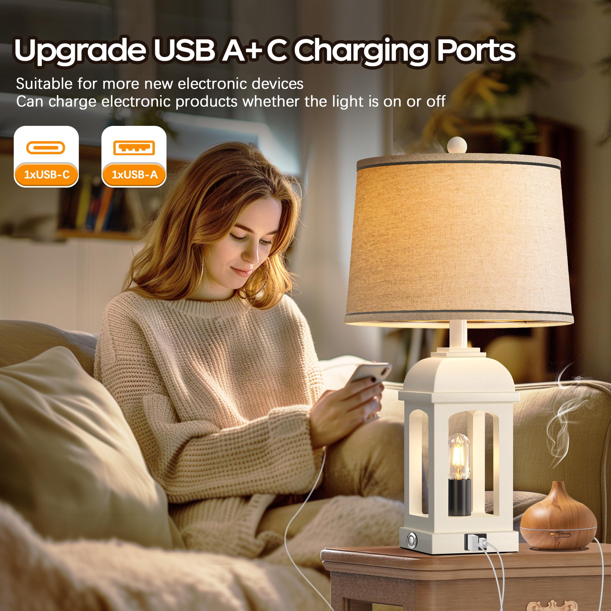 QiMH Rustic Table Lamp for Living Room, 26" White Bedside Lamp with 3-Way Touch Control, USB A+C, Nightlight, 1 Pack