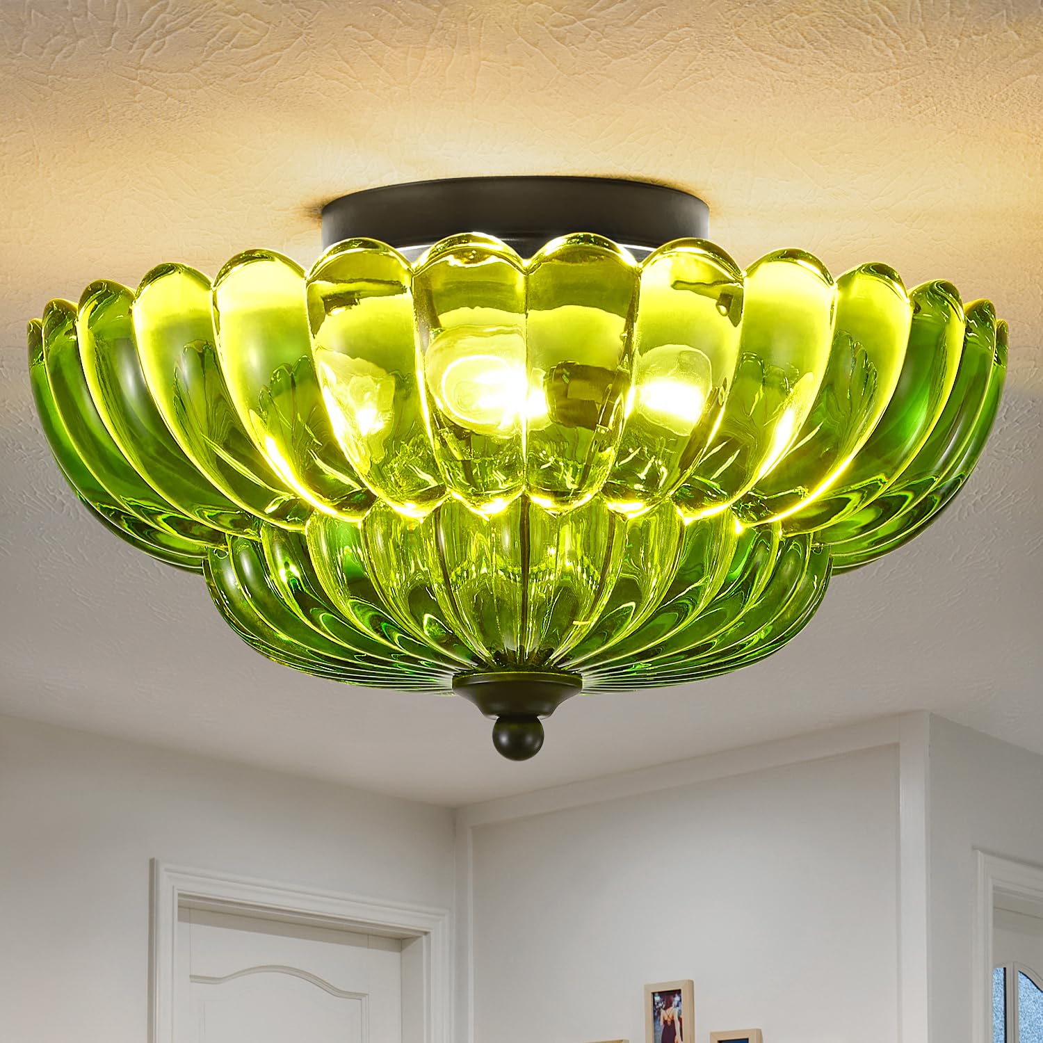 Modern Black Ceiling Light Fixture, 12'' Green Glass Flush Mount Chandeliers, Semi Flush Mount Ceiling Light Fixture Suitable Fo