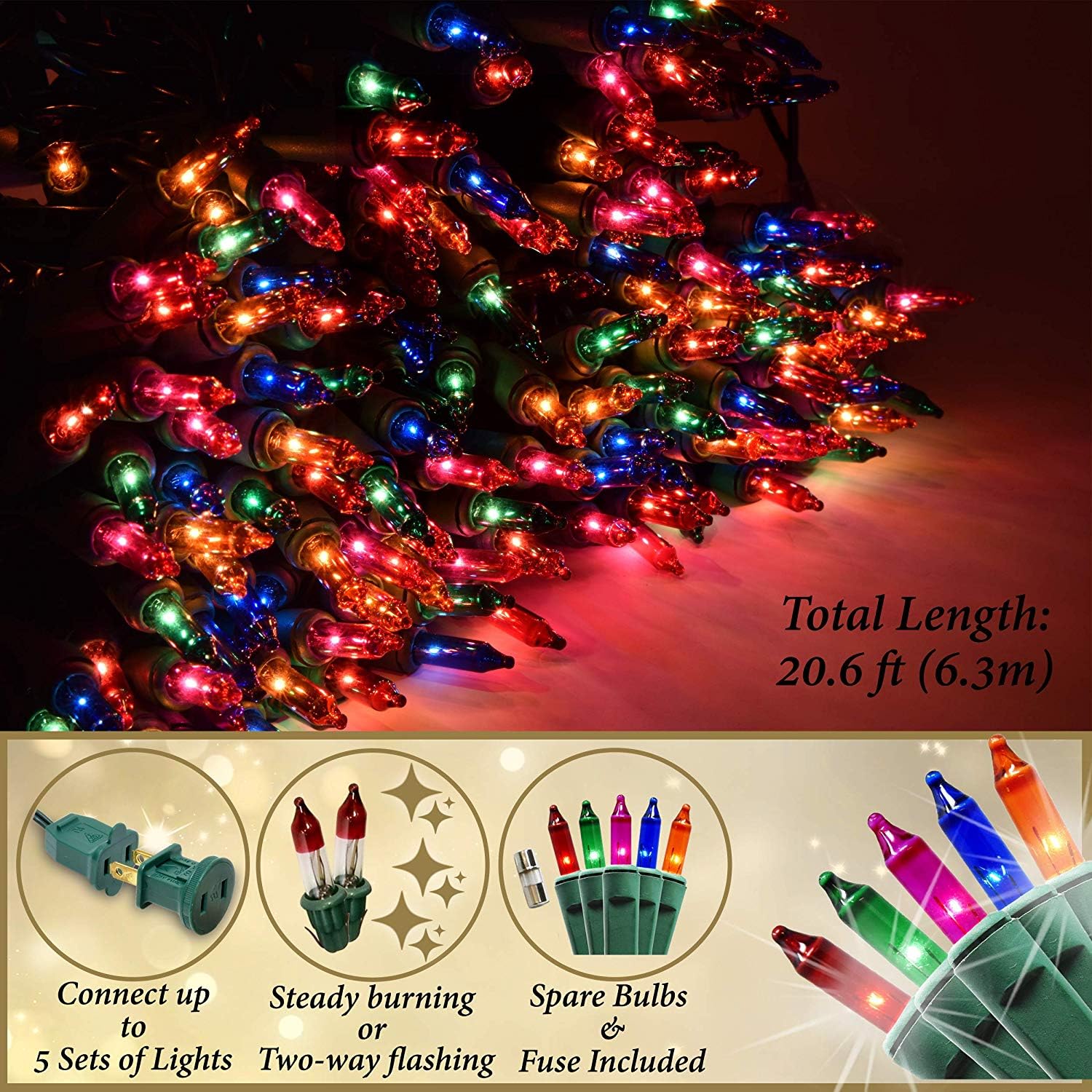 Holiday Essence - 200 Multicolor Christmas Lights Set Indoor & Outdoor 41 Feet Incandescent Holiday Lighting Green Wire, Static