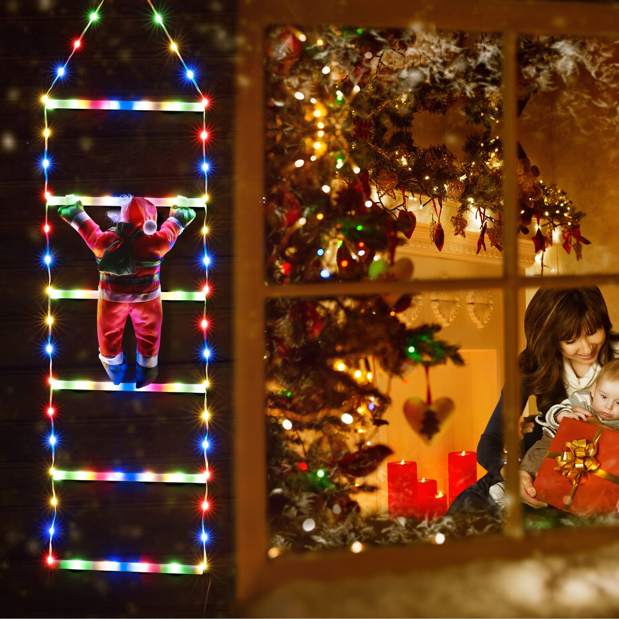 Joedoes Christmas Decorations Led Ladder Lights With Climbing Santa Claus, 2.5Ft Indoor Christmas Decorative Lights - 8 Modes Xmas Lights Tree For Home Holiday Wall Window Xmas Decor (Multicolor)