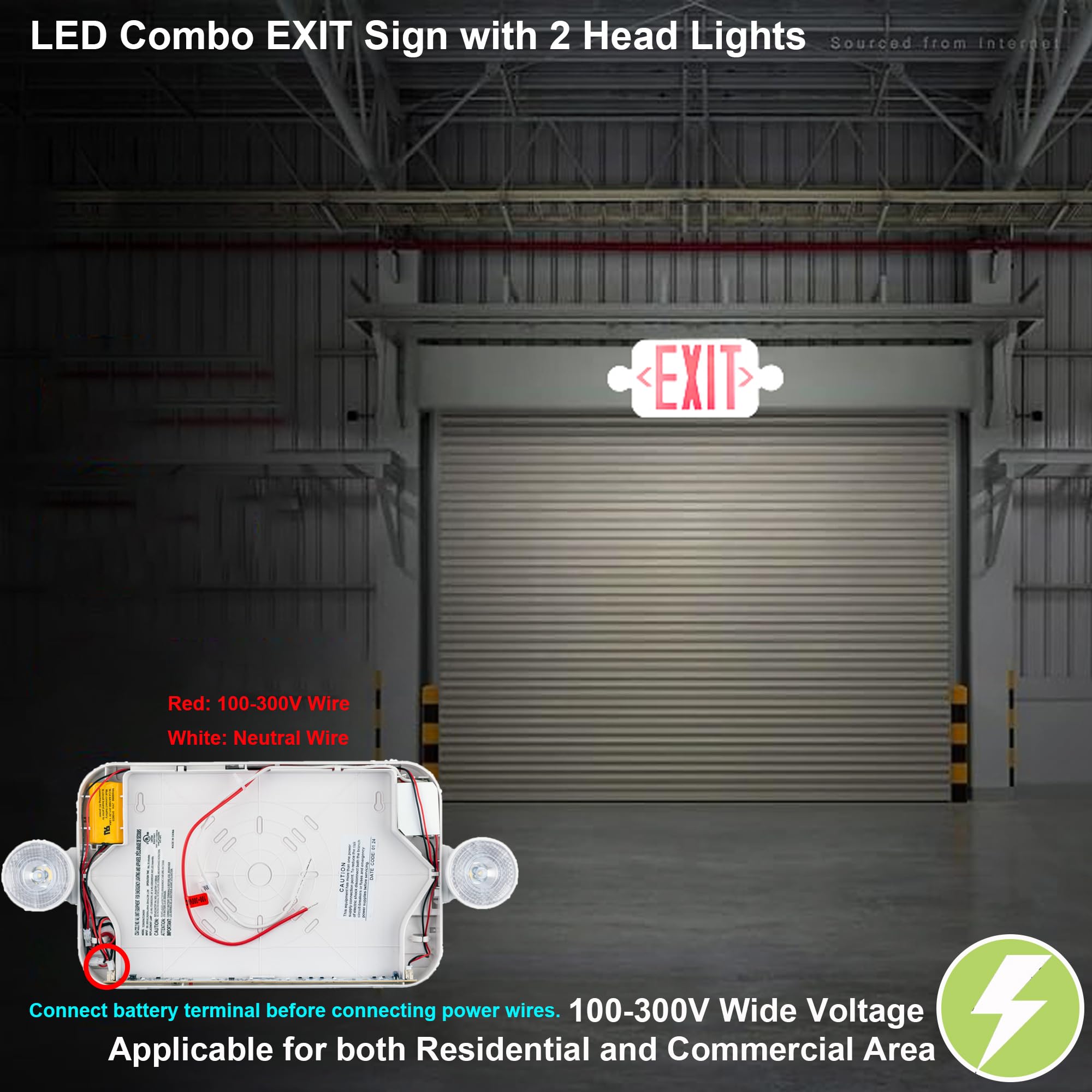 LIT-PaTH LED Combo EXIT Sign with 2 Adjustable Head Lights, Double Face, Red Letter, 2-Pack, UL 924, 120-277 Voltage, White