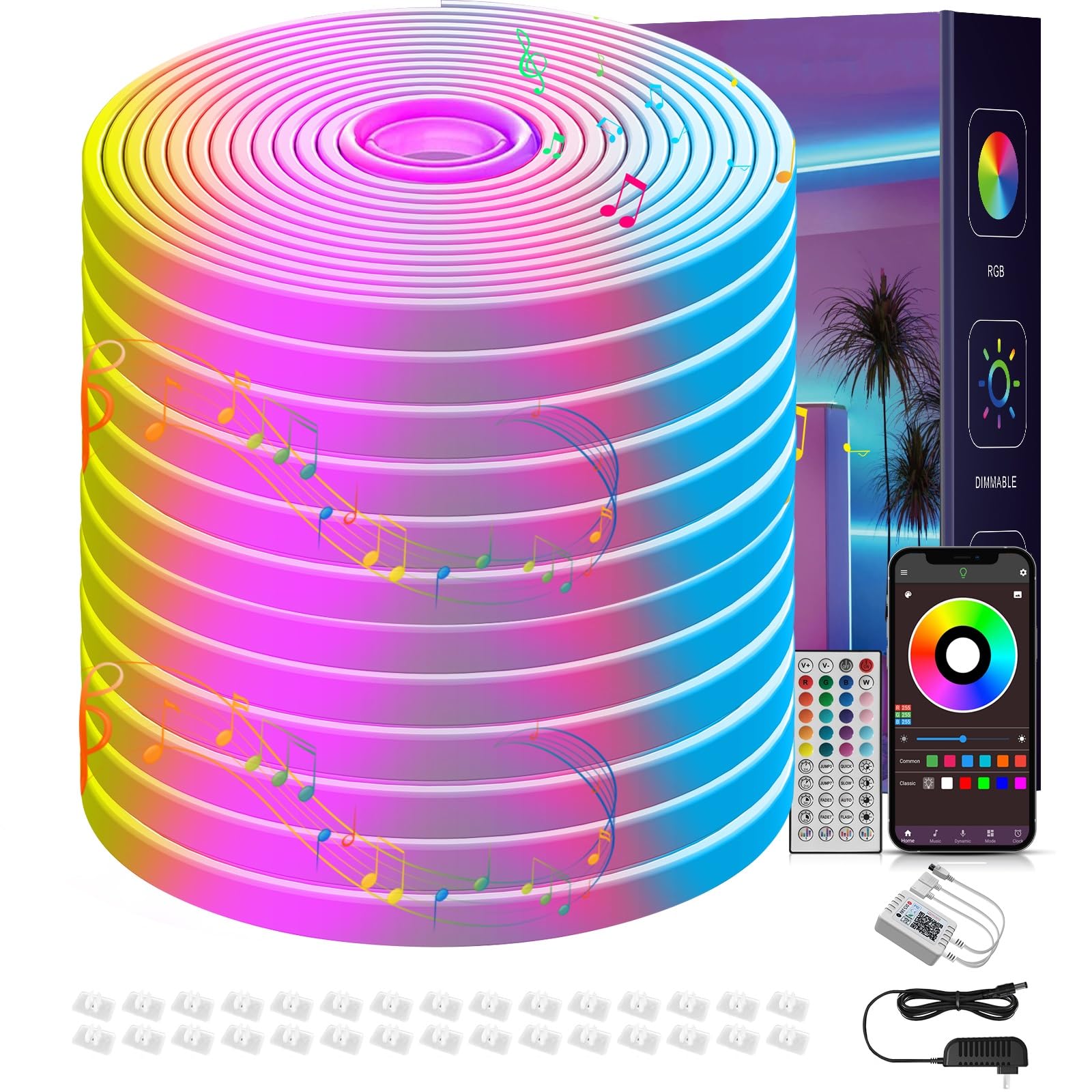 Ledagic 50FT RGB Neon Rope Lights, Waterproof IP67, Remote & App Control, Music Sync, Flexible Outdoor Decor, Model LedNeon003-1