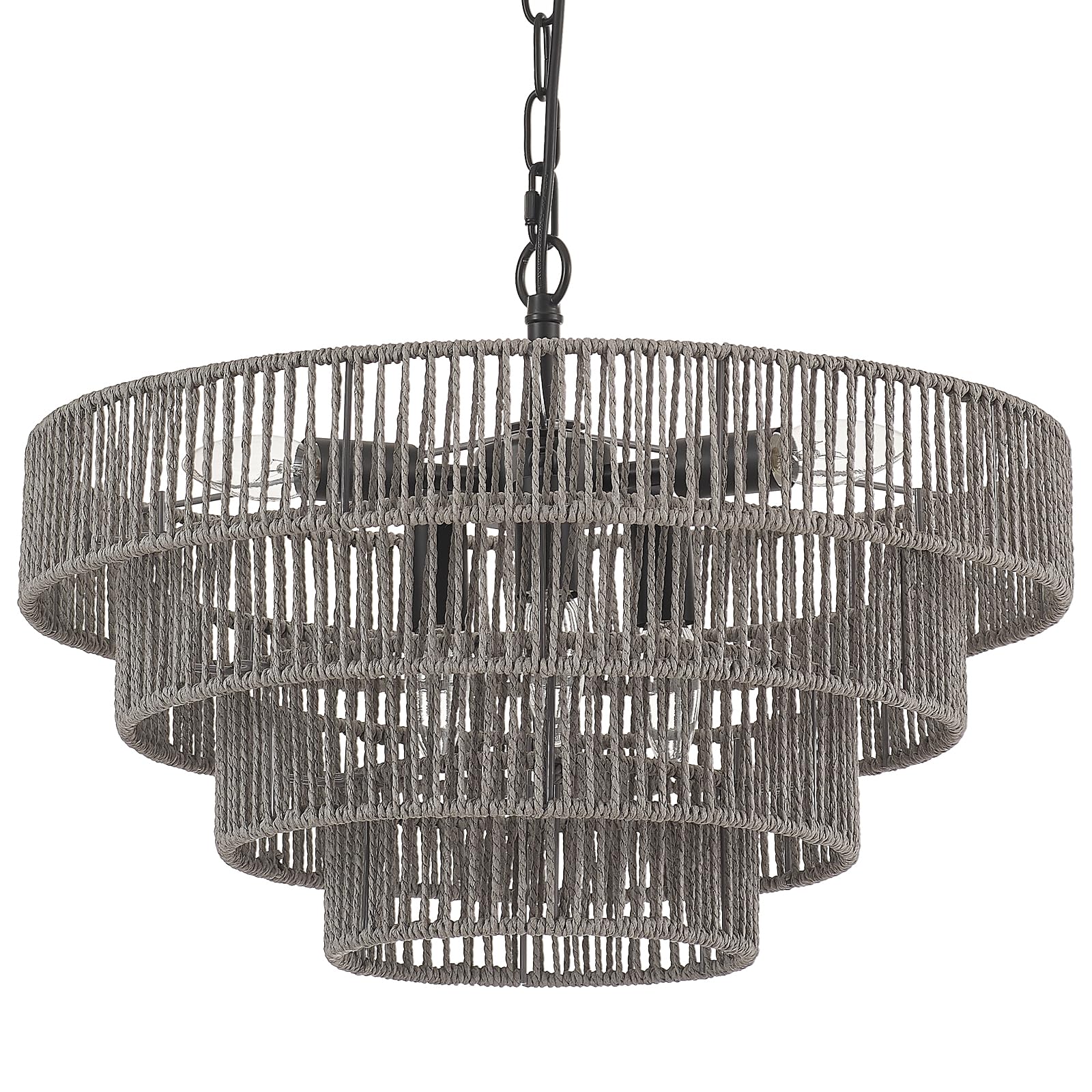 ELYCCUPA 20” Hand-Woven Rattan Chandelier 6-Lights Transitional Minimalist 4 Round Boho Large Coastal Pendant Light for Kitchen Island Dining Room Living Room Hallway, Gray, UL Listed