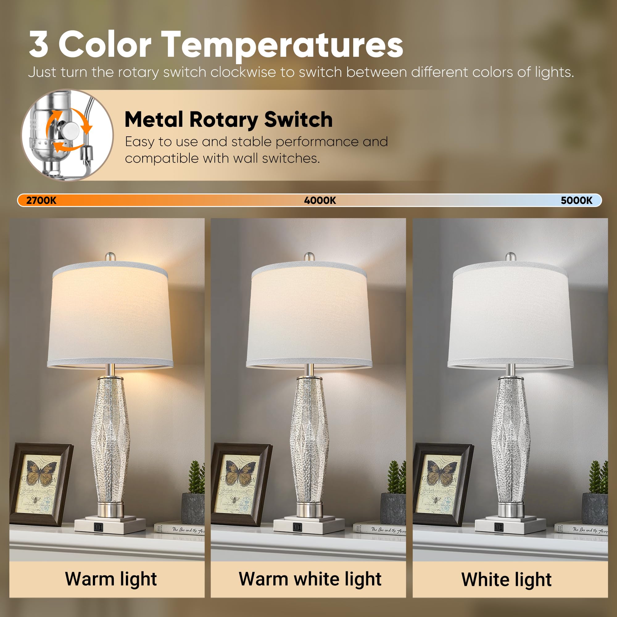 Qimh Table Lamps Set Of 2, Bedroom Lamp With Usb A+C Charging Ports, Modern Beside Lamps For Living Room With White Shade Rotary