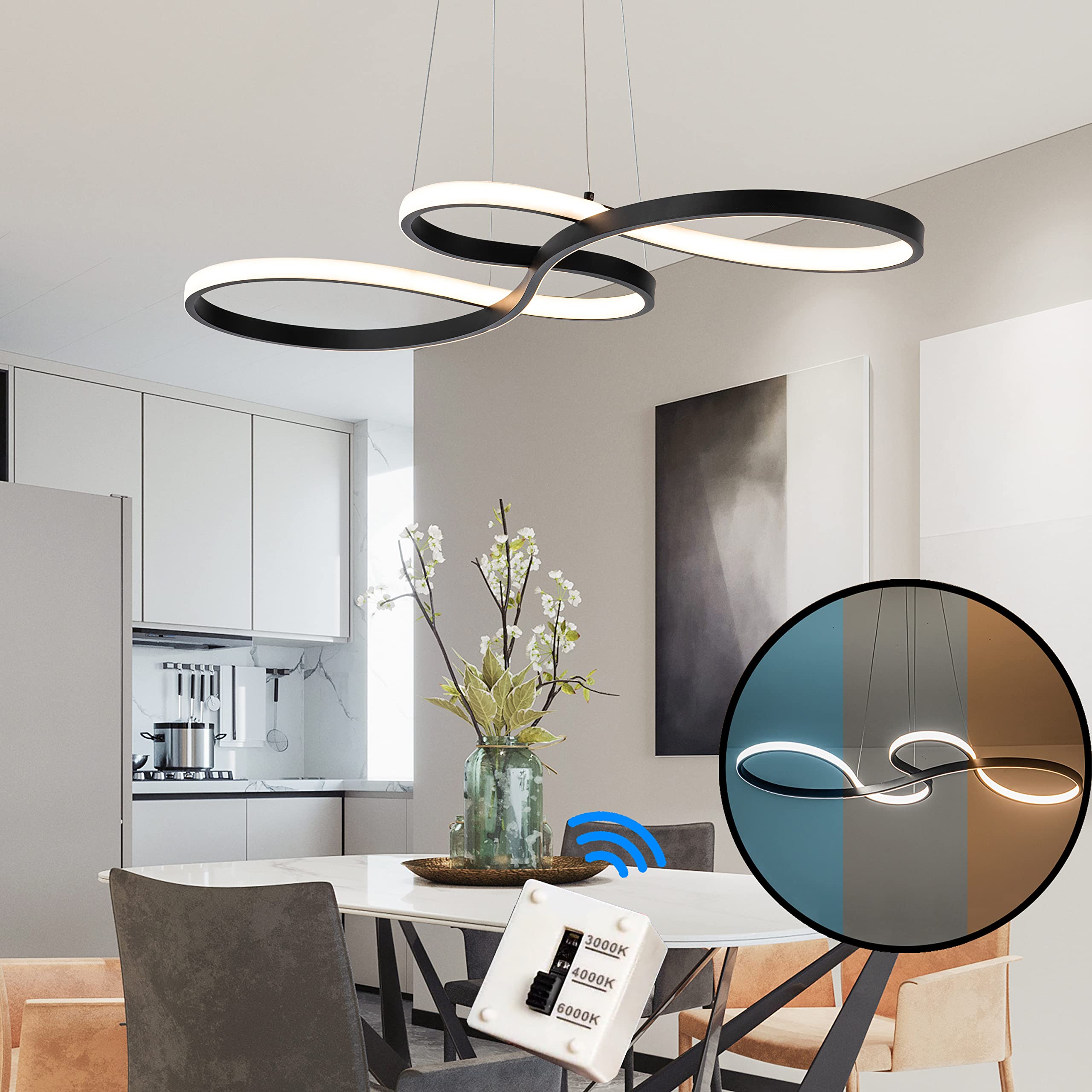 SUNMOO Modern LED Chandelier Dining Room Pendant Light Dimmable Creative Chandelier Dimmer Color 3000-6000K Adjustable Hanging L