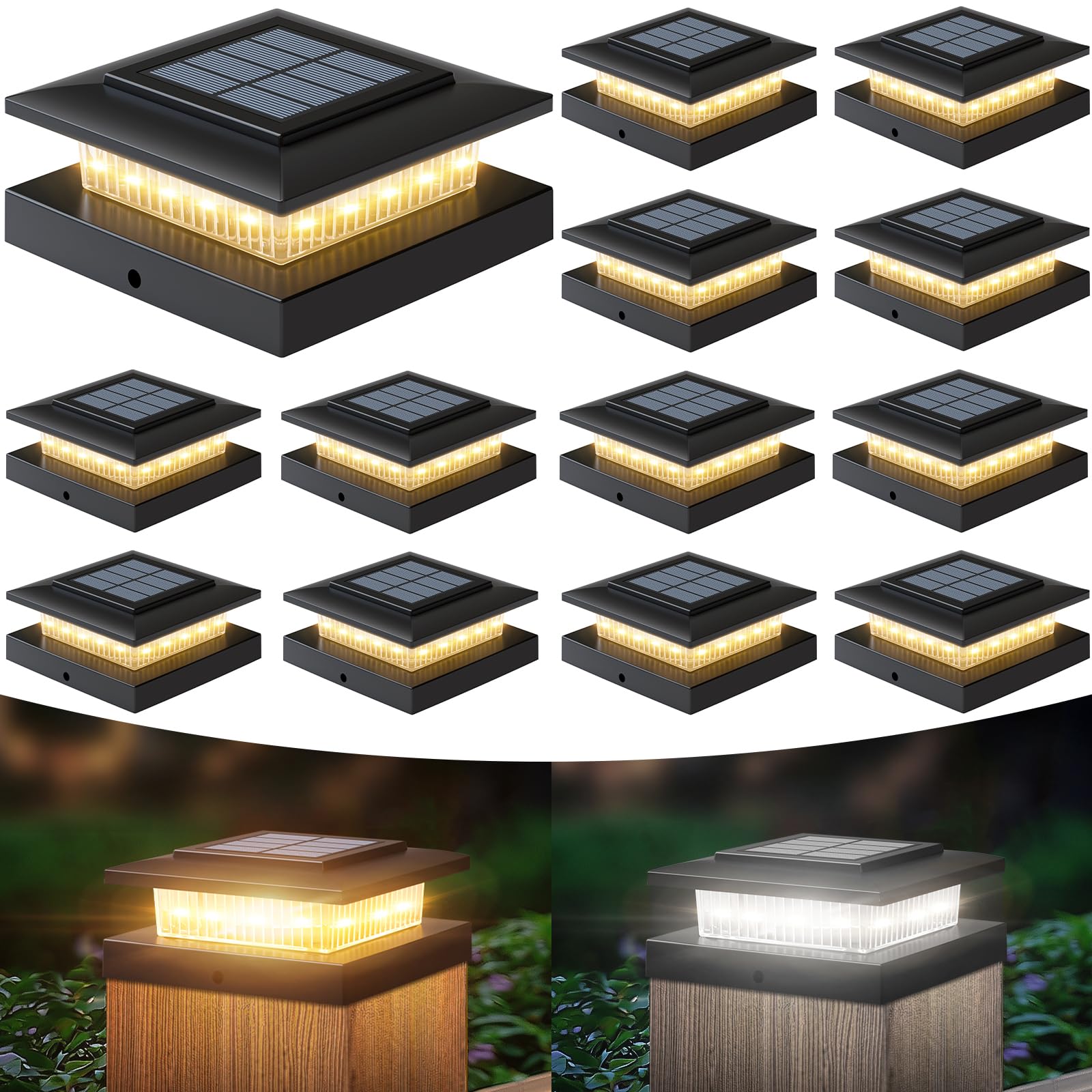4X4 Post Solar Lights Outdoor: 12 Pack 2 Lighting Modes Fence Deck Cap Lights - Waterproof Solar Powered For Wooden Vinyl Lamp P