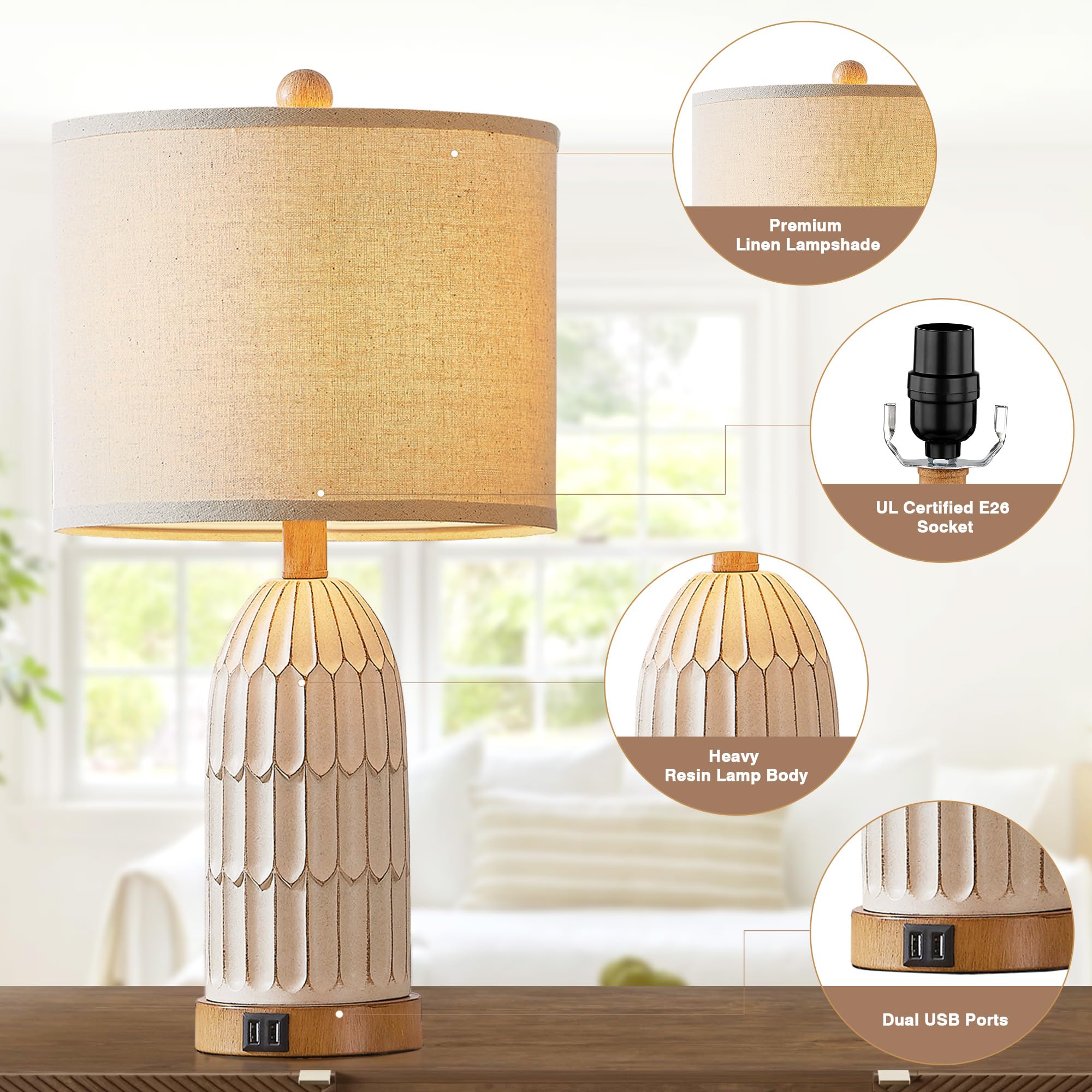 Cinkeda 3-Way Dimmable Touch Table Lamps Set Of 2 With Usb Ports, Cream Vintage Boho