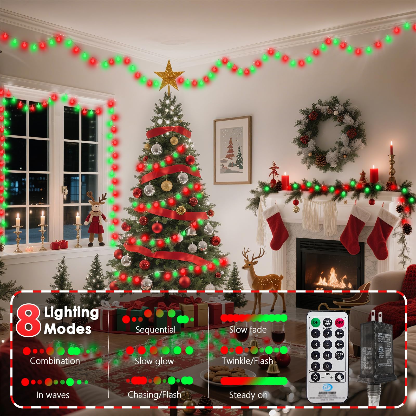 43Ft 100Led Connectable Christmas String Lights Indoor Outdoor - Red And Green Fairy Lights Plug In With Remote & 8 Modes  Globe Twinkle Light For Christmas Decorations Bedroom Room Tree Party