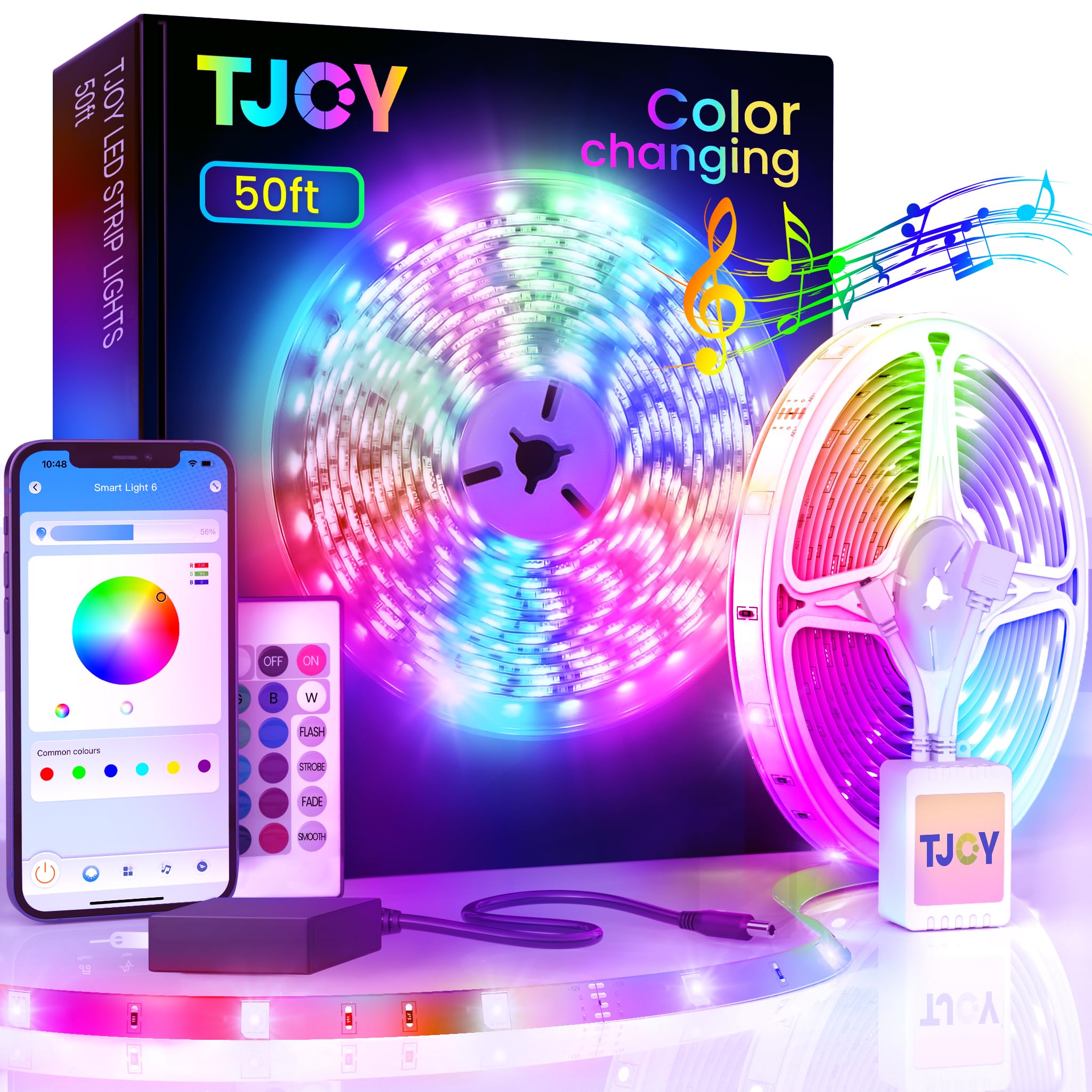 TJOY Bluetooth LED Strip Lights 50ft RGB Color Changing Music Sync 5050 with App Remote - Vinyl Material