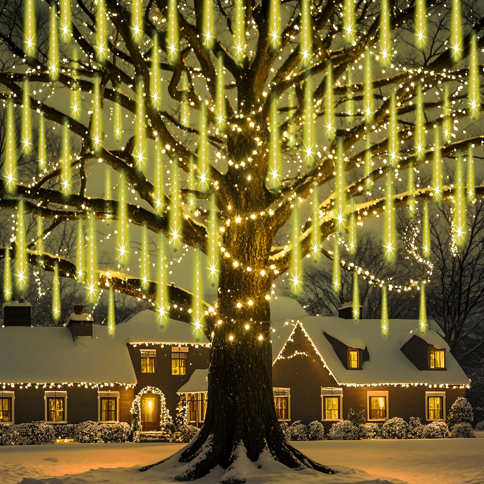 Adecorty Christmas Lights Outdoor, UL Certified Falling Rain Drop Light 8 Tubes 192 LED Meteor Shower Lights Snow Dripping Icicl