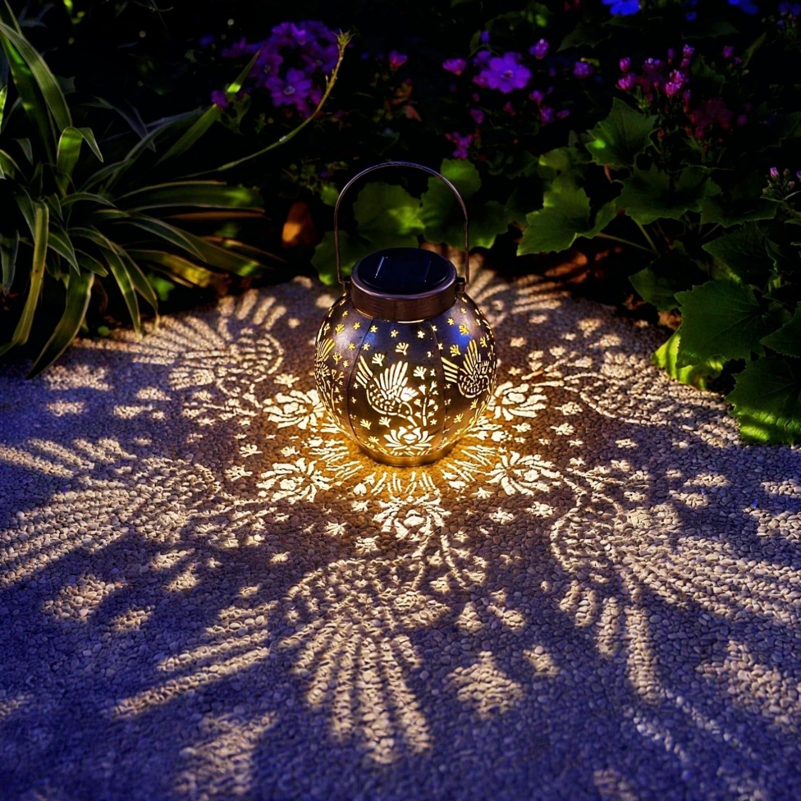 EXCMARK Outdoor Solar Hanging Lantern Lights LED Metal Decorative Lamp Bronze Hummingbird Floral Design for Garden Patio Table