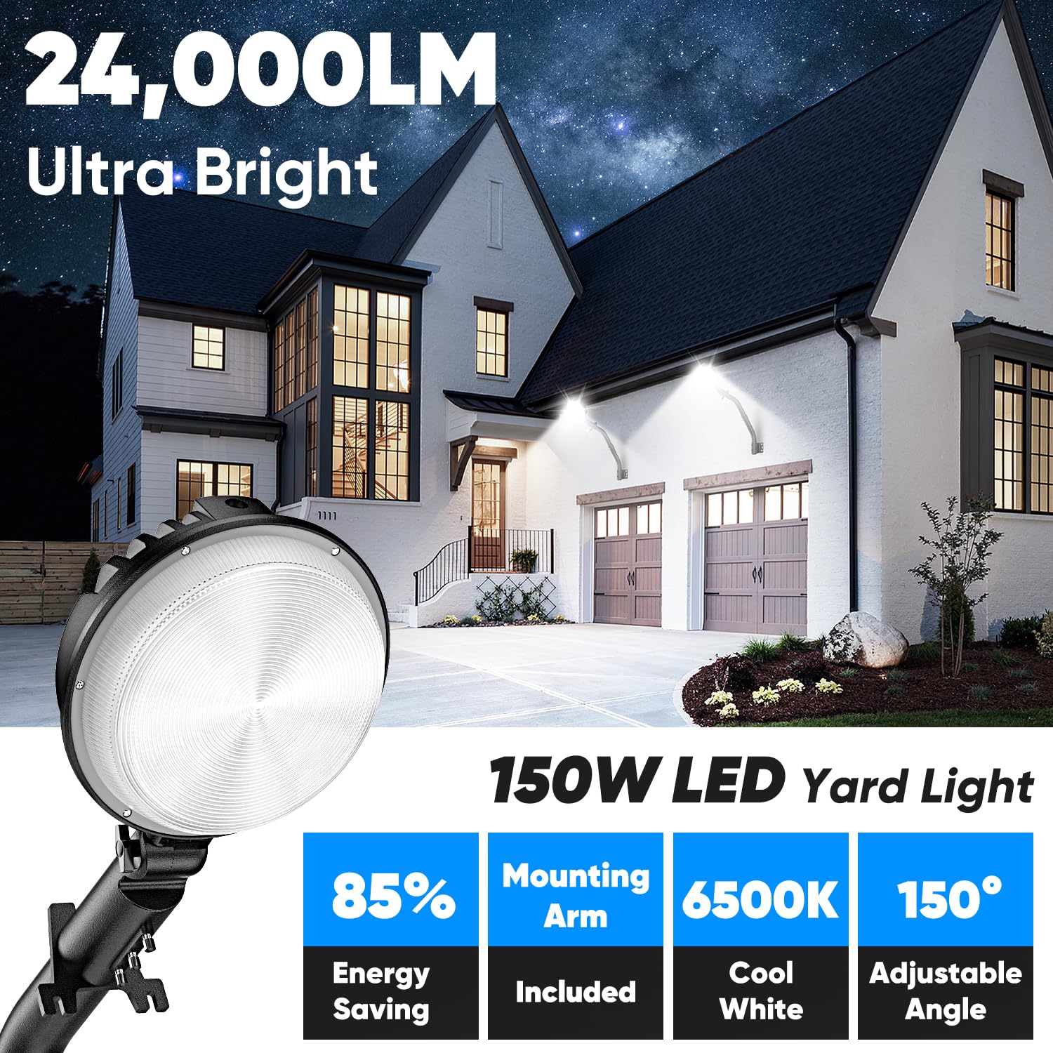 Kondras 2-Pack LED Barn Lights 24000LM, 150W, IP66 Waterproof, 6500K, Adjustable Head Security Light, Black, Model GCD-01