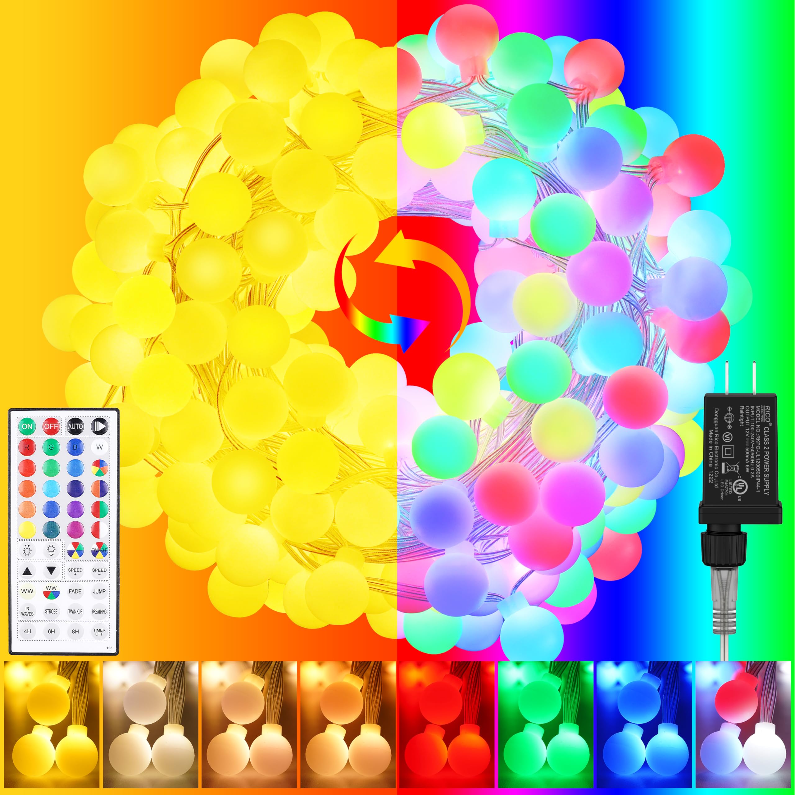 Color Changing String Lights For Outside, 30 Colors 33Ft 100Led Rgb+Warm White Fairy Lights Plug In, Outdoor Christmas Globe Decorative Lights With Remote For Indoor Bedroom Party Garden Xmas Décor