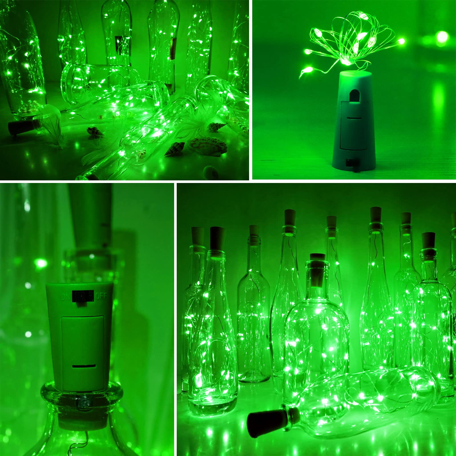 SmilingTown Wine Bottle Cork Lights, 15 Pack, 10 LED, 40 Inches, Battery Operated, Green, Copper Wire Fairy Lights for Decoration