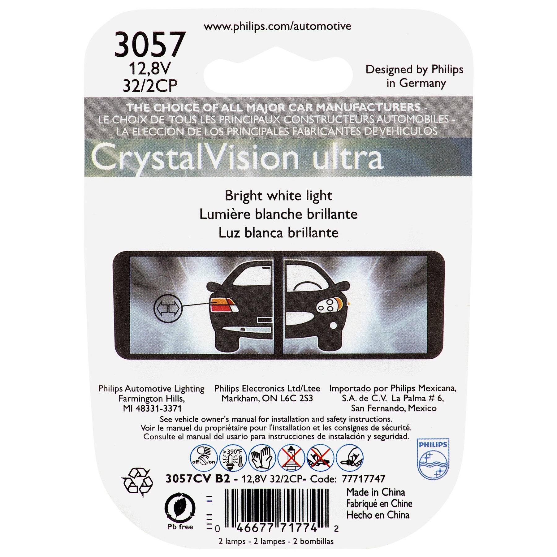 Philips 3057CVB2 Miniature Bulb, 2 Pack, CrystalVision Ultra, Glass, White
